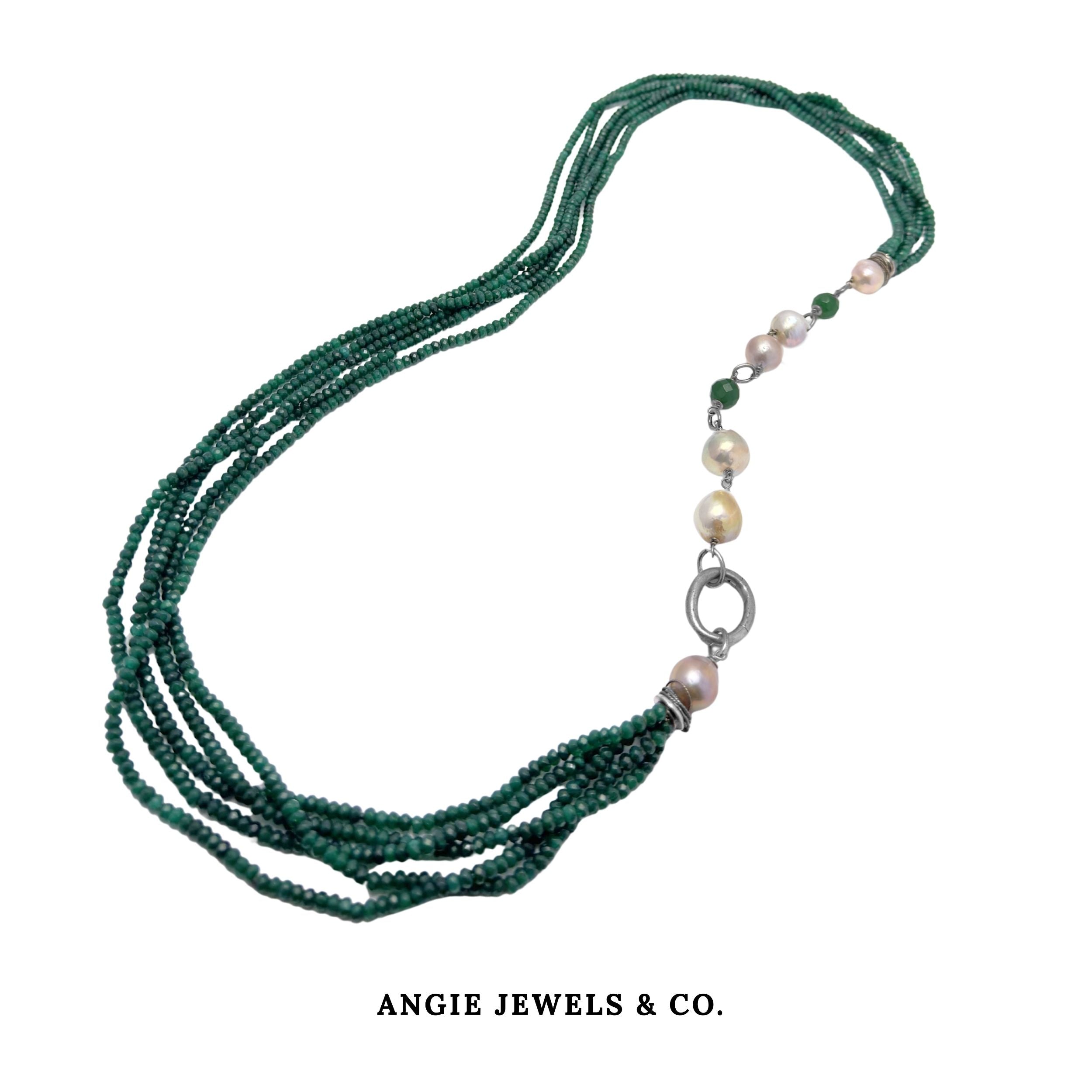 Green Agate Long Necklace with Freshwater Pearls