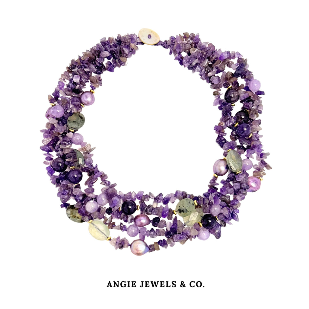 Twisted Amethyst Chips with Baroque Pearls Necklace