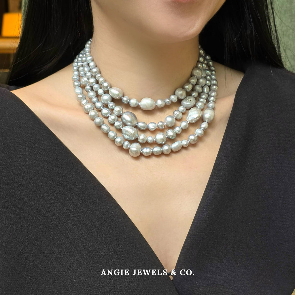 Strata 4 Layer Grey Baroque Freshwater Pearl Necklace