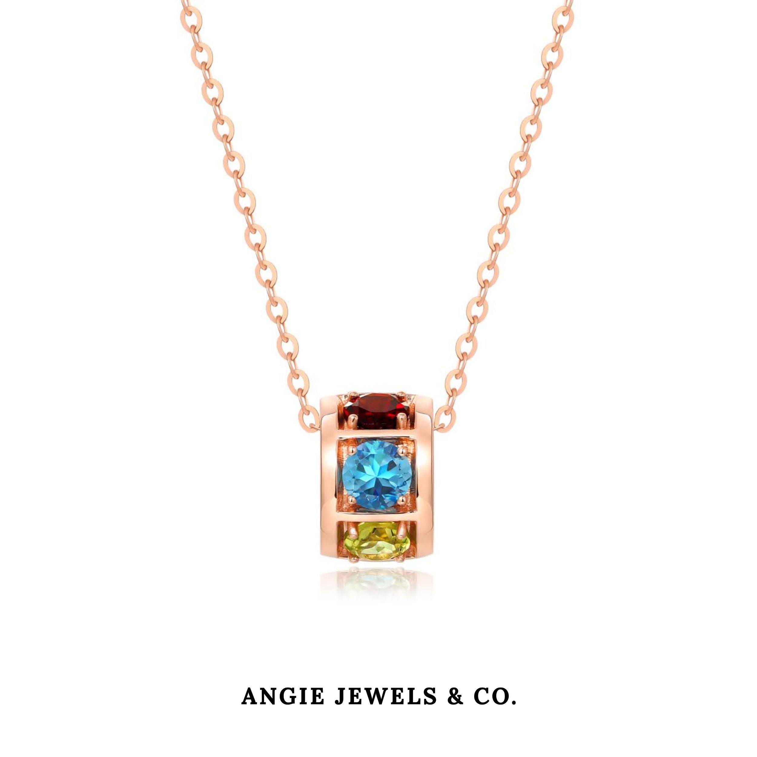 18K Rose Gold Blue Topaz,Garnet & Peridot Pendant Necklace