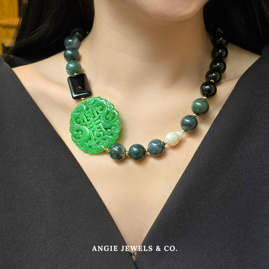 S925 Noble Corto Necklace With Green Quartz, Black Onyx And Baroque Freshwater Pearl