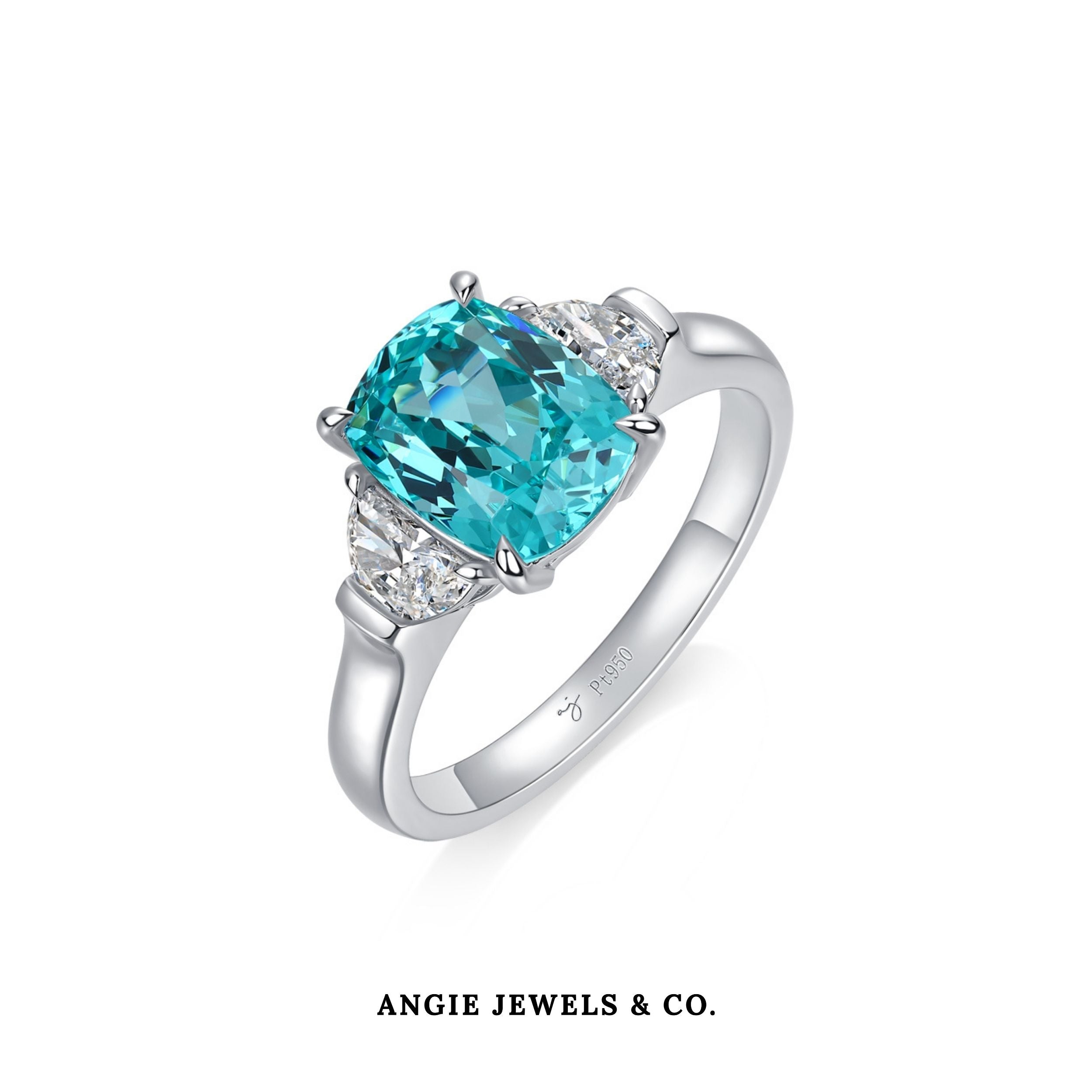 Radiant Cut Paraiba Three-Stone Ring with Half Moon Diamonds