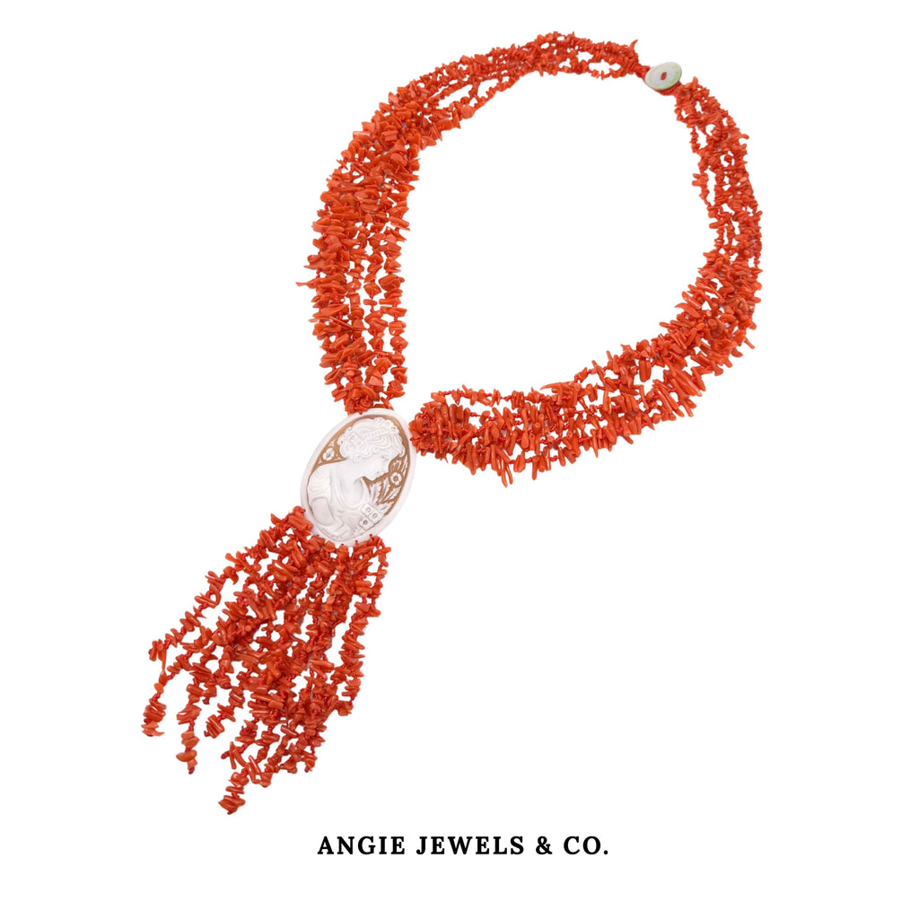 Red Coral Hyoid with Cameo Multistrand Necklace