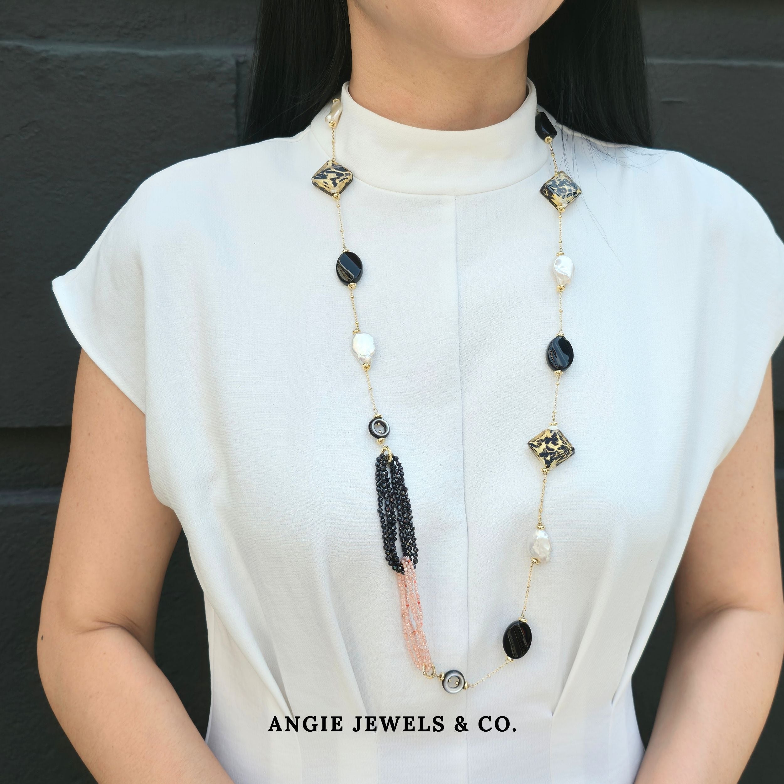 Leviette Bella Endless Necklace with Italian Murano Glass,Baroque Freshwater Button Pearls,Black Onyx and Zircon