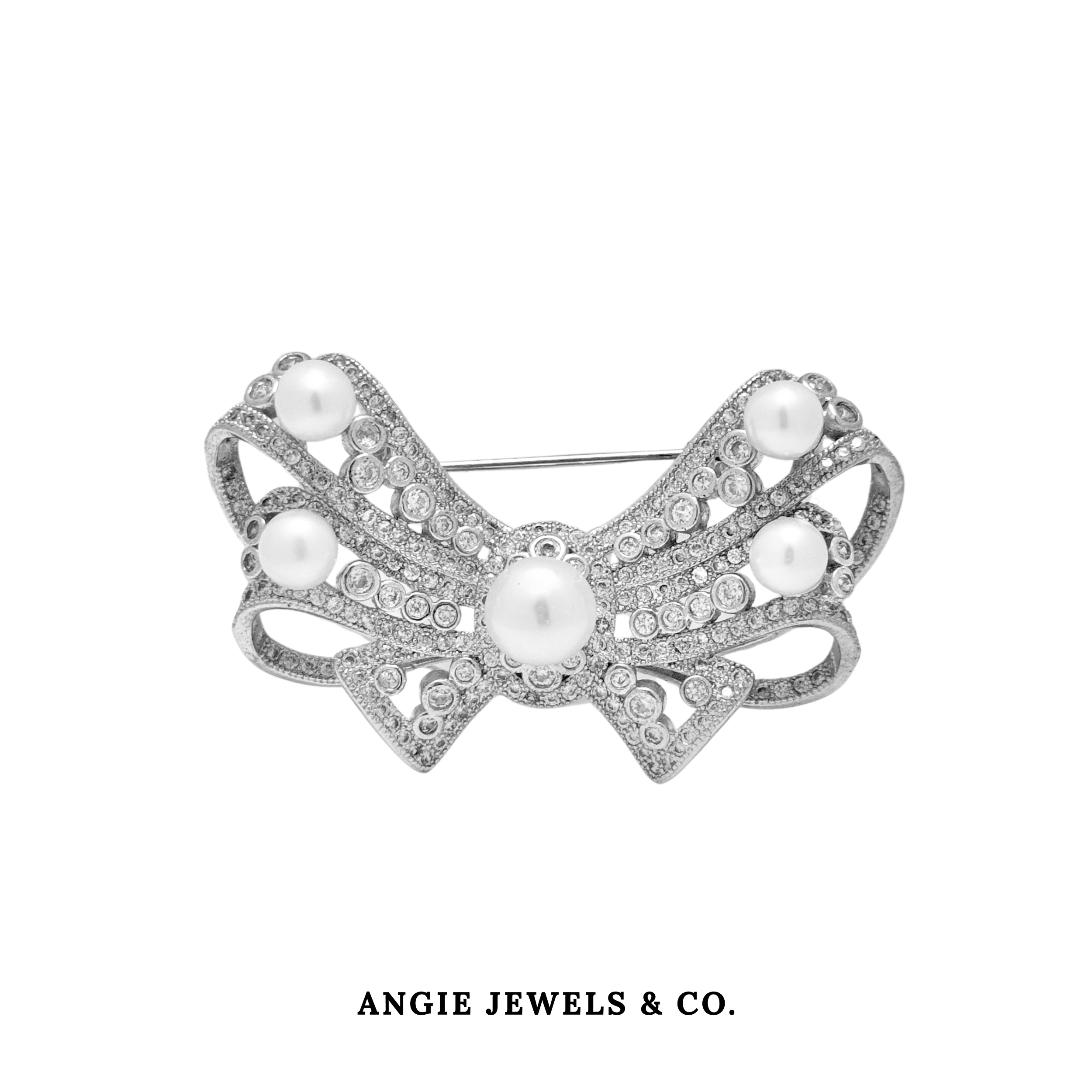 Diamond Ribbon with Pearl Brooch