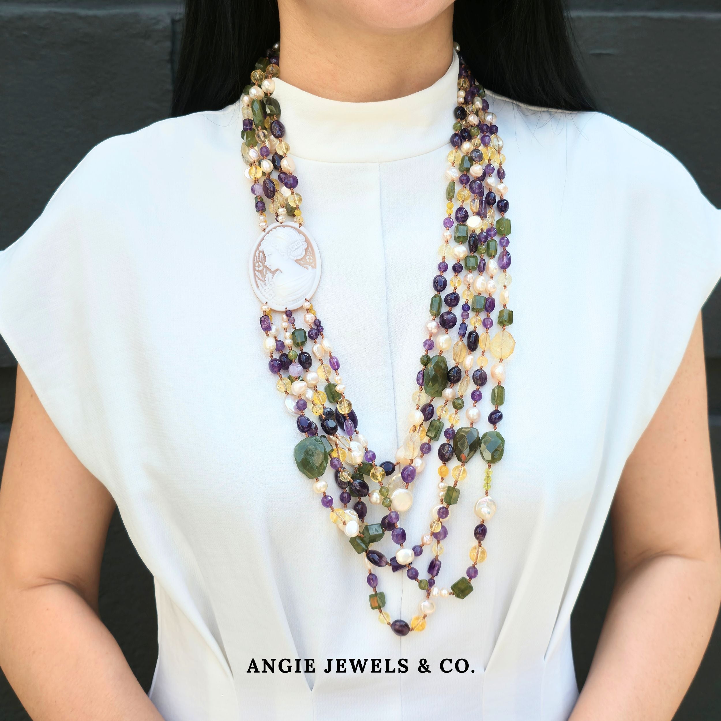 Enchanted Forest Cascade Necklace with cameo, peridot, citrine, amethyst, pearl