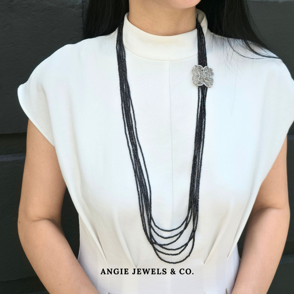 Abyss Cascade Black Spinel Necklace with S925 Sterling Silver Clover Crest