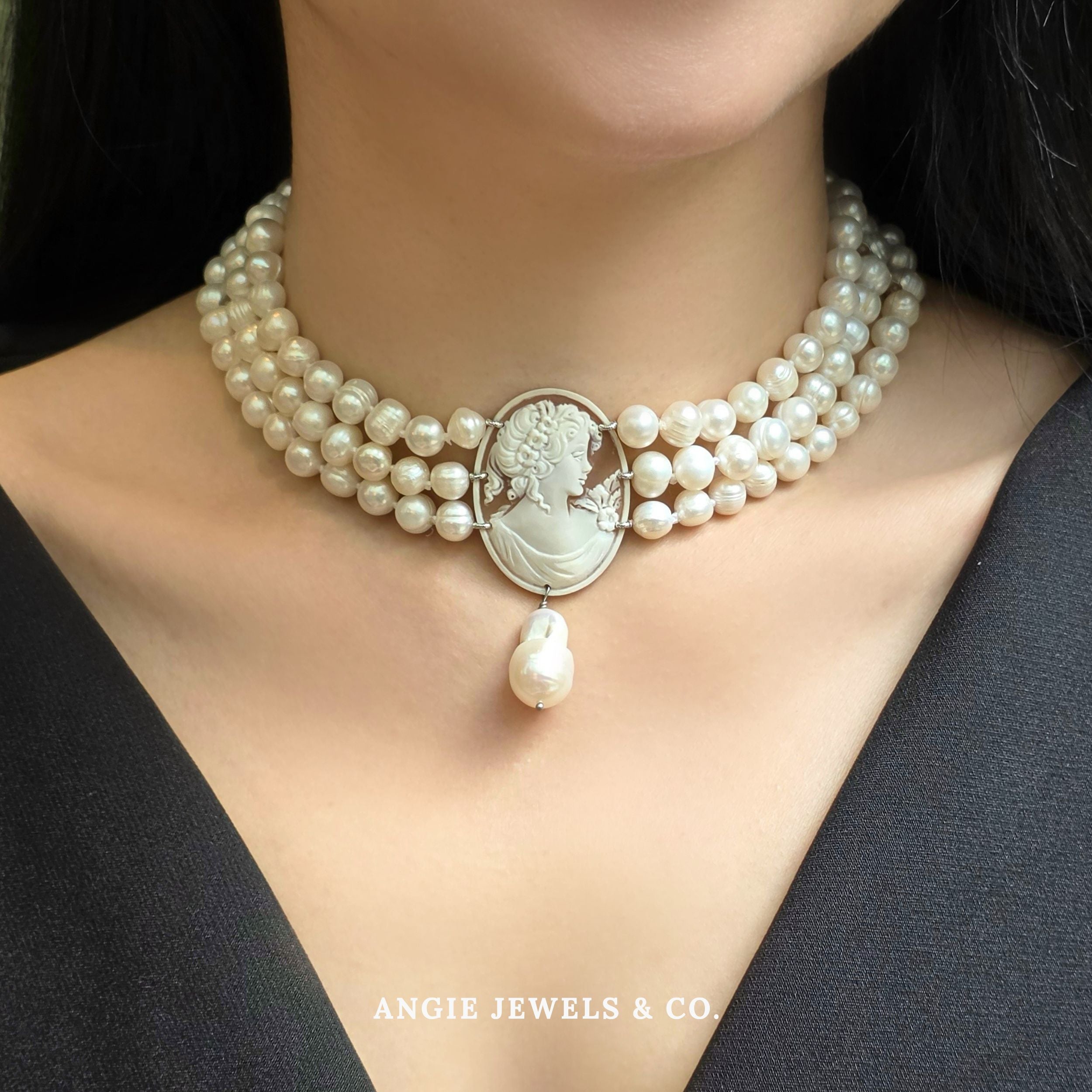 Cameo Strata Pearl Choker with Baroque Pearl Necklace
