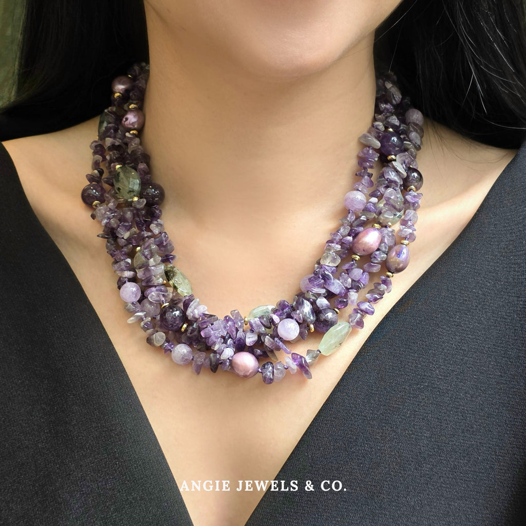 Twisted Amethyst Chips with Baroque Pearls Necklace