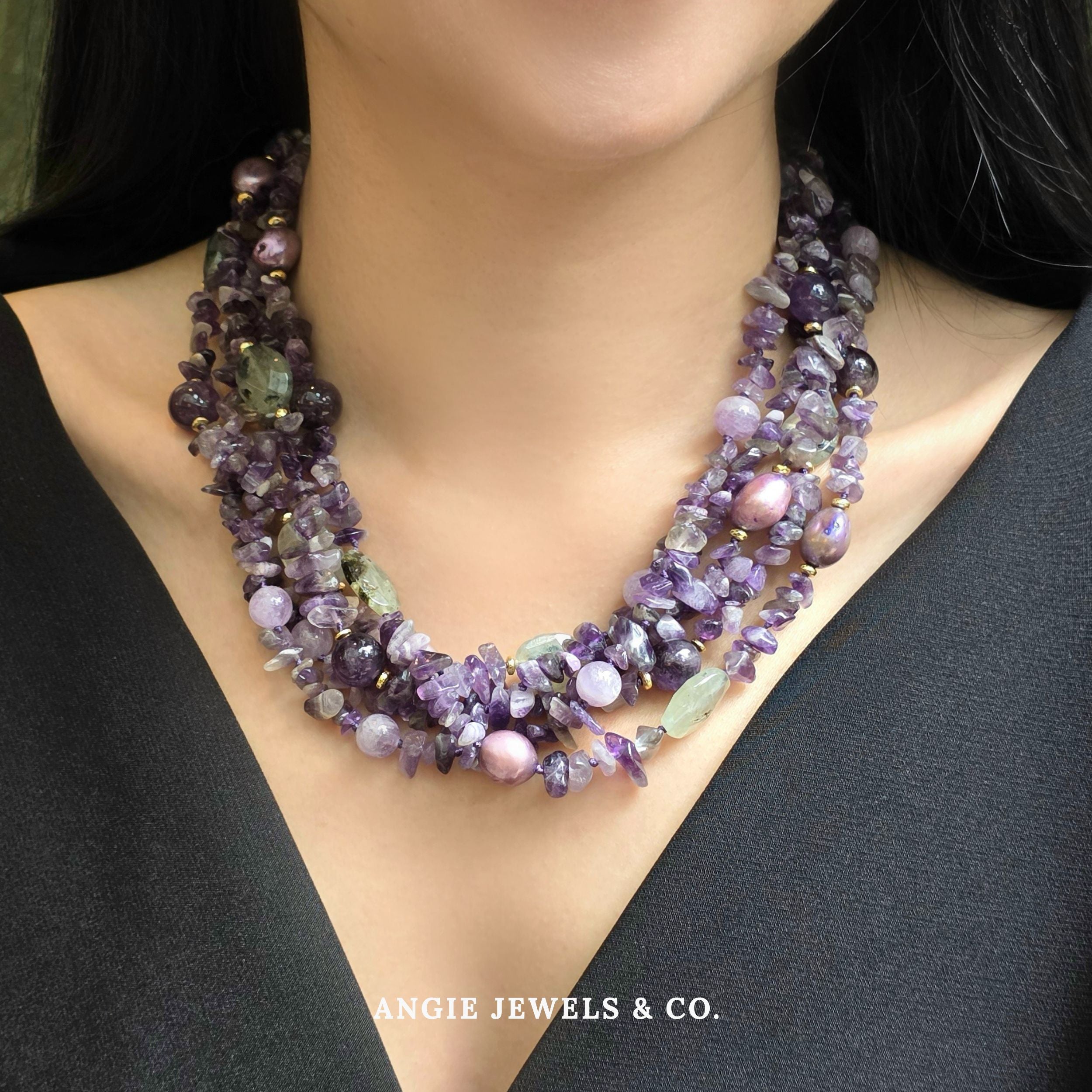 Twisted Amethyst Chips with Baroque Pearls Necklace