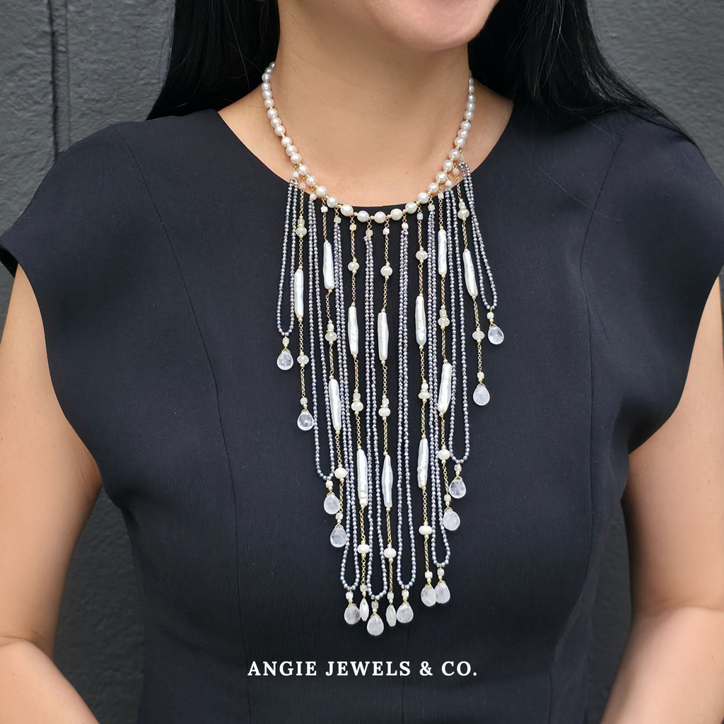 Starlight Cascade Necklace with Freshwater Pearl and Hematie