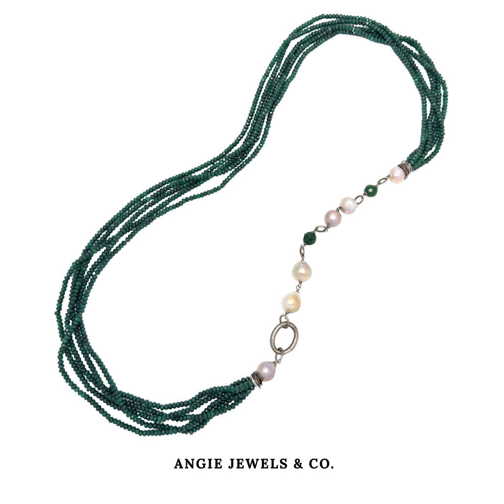 Green Agate Long Necklace with Freshwater Pearls