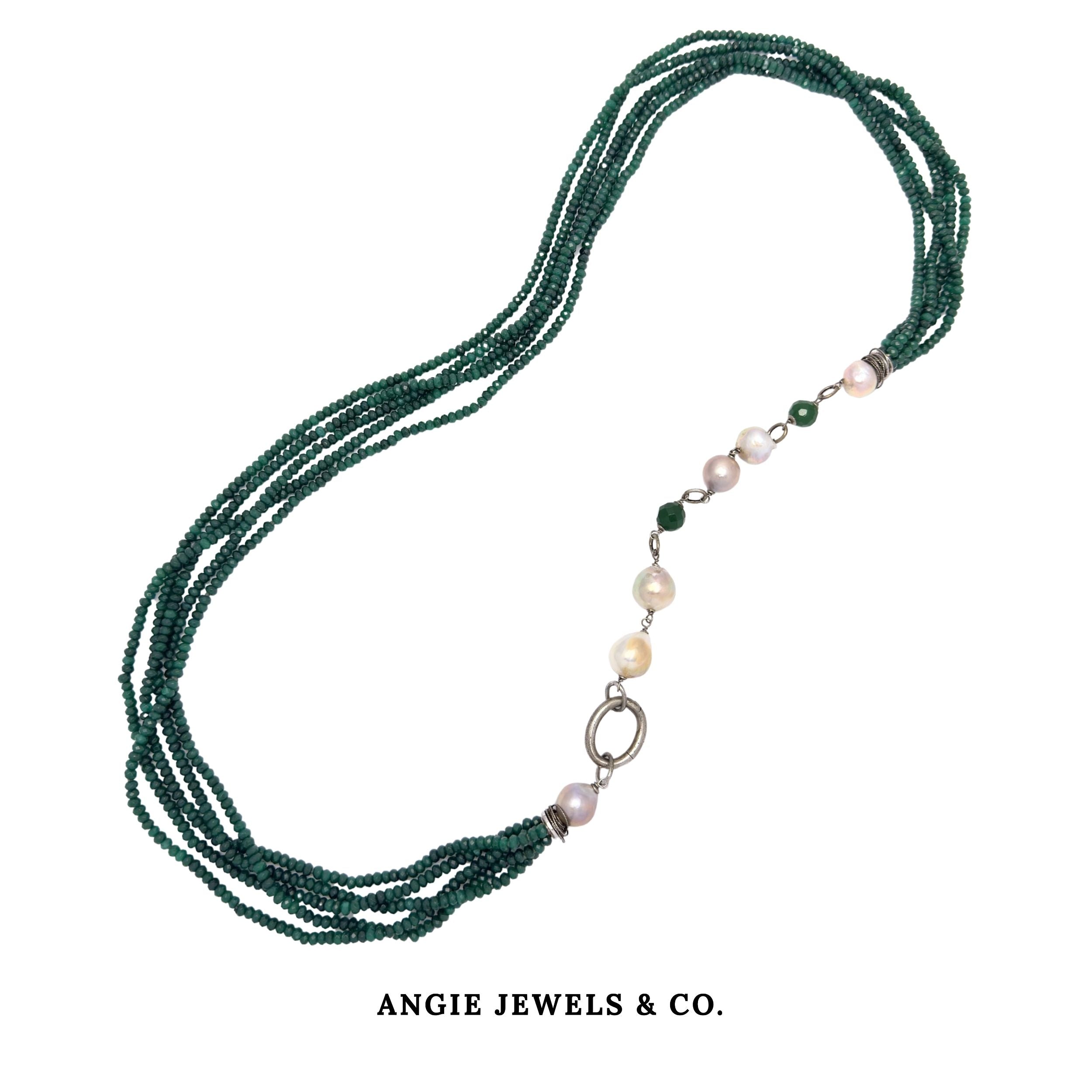 Green Agate Long Necklace with Freshwater Pearls