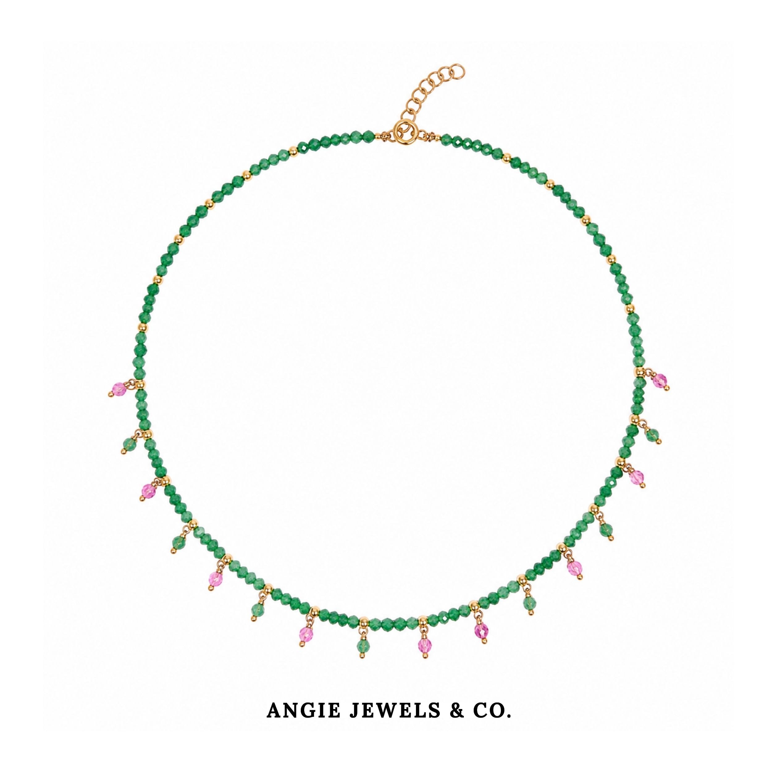 Cleopatra Petite Corto Dangle Necklace with Green and Pink Zircon S925