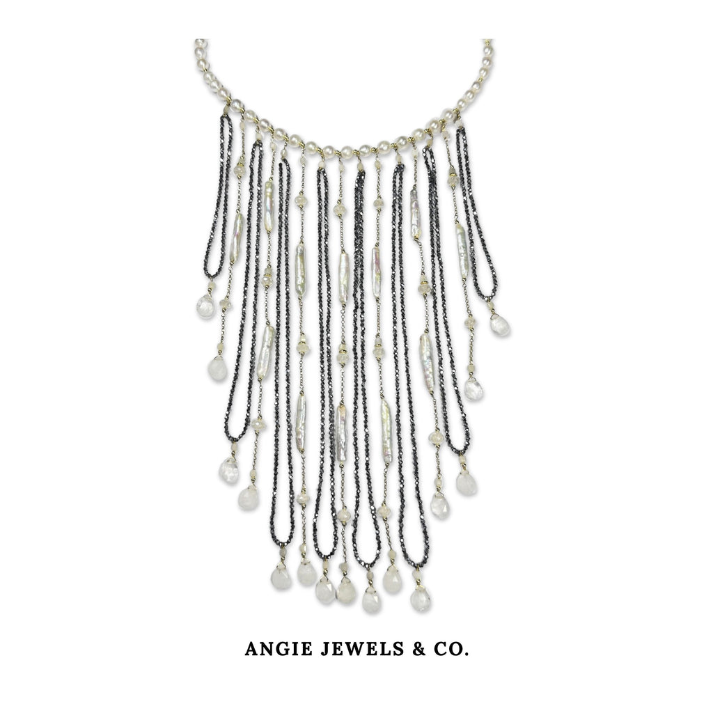 Starlight Cascade Necklace with Freshwater Pearl and Hematie