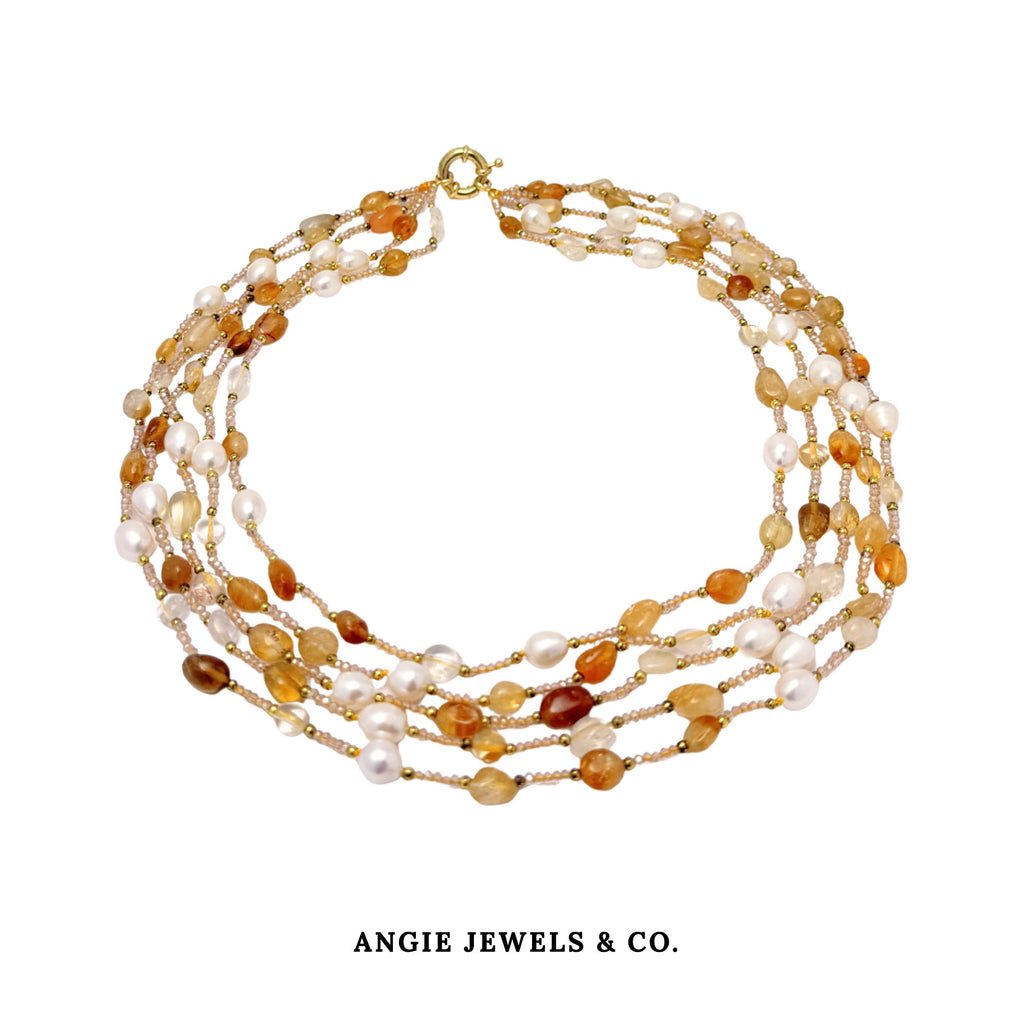 Sun Shower Necklace with 5-strands of Citrines & Freshwater Pearls