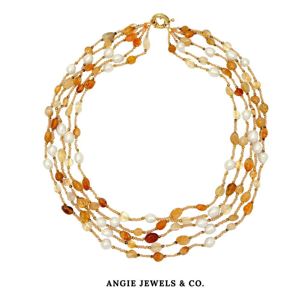 Sun Shower Necklace with 5-strands of Citrines & Freshwater Pearls