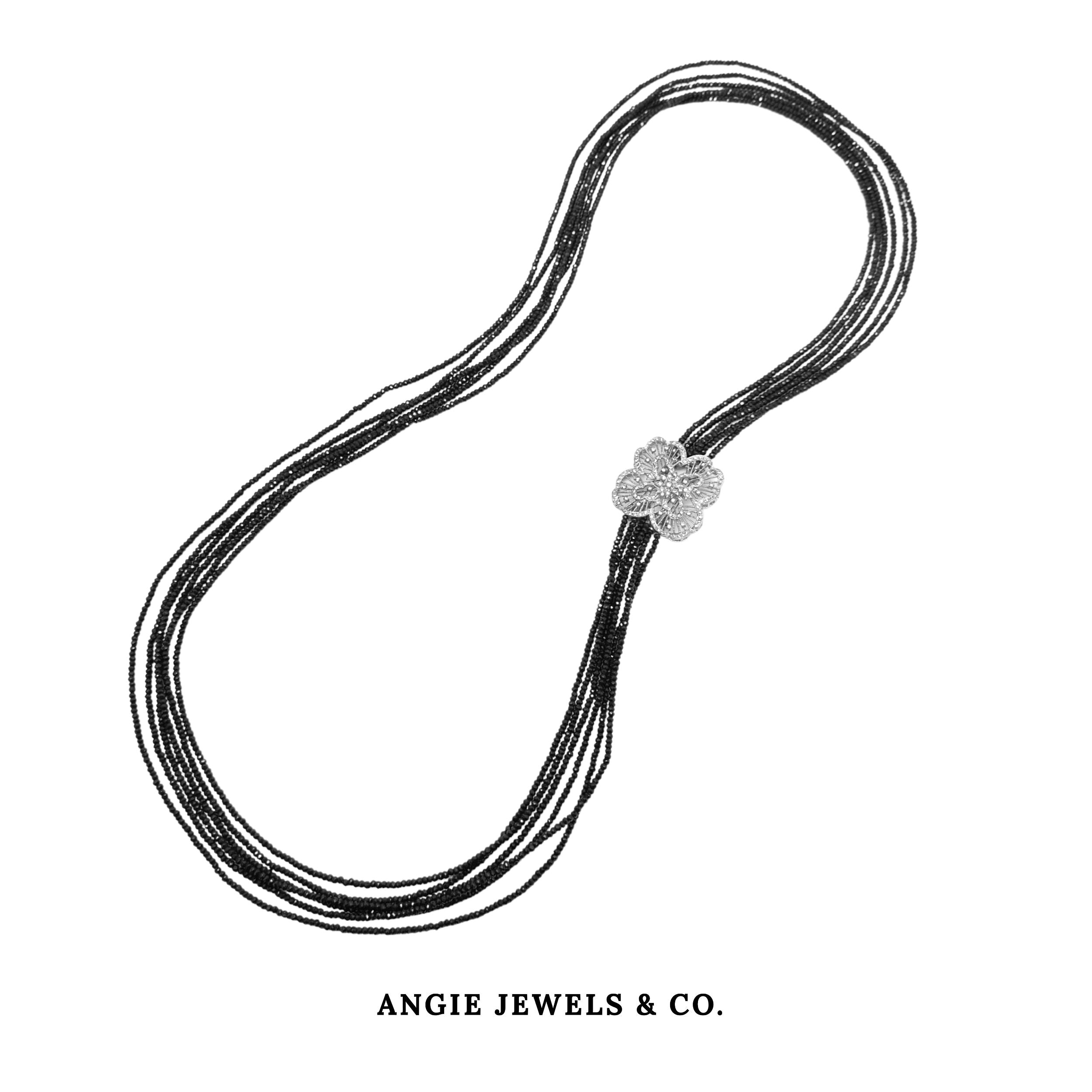 Abyss Cascade Black Spinel Necklace with S925 Sterling Silver Clover Crest