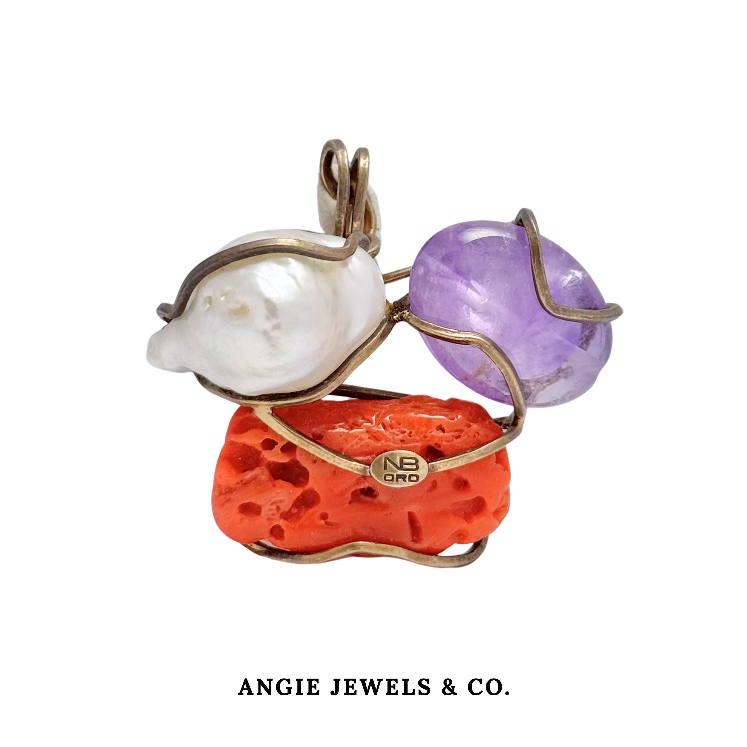 Amethyst, Coral and Baroque Pearl Sterling Silver Brooch