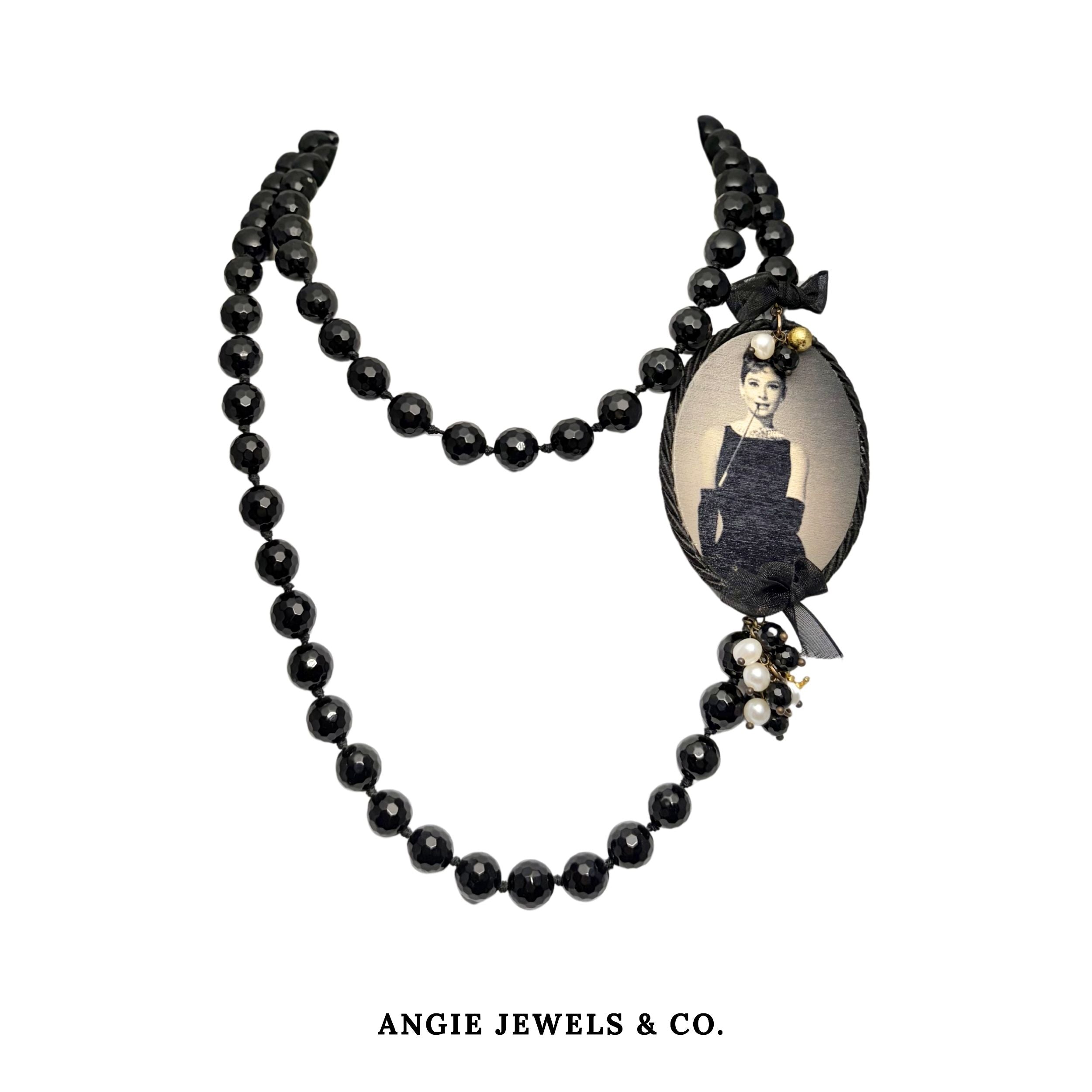 Audrey Hepburn long black agate necklace with charms