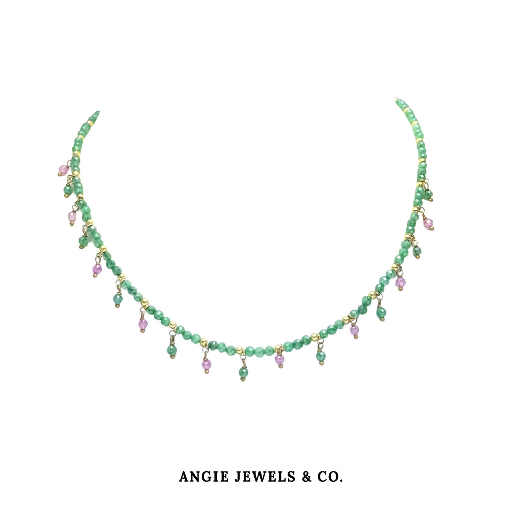 Cleopatra Petite Corto Dangle Necklace with Green and Pink Zircon S925
