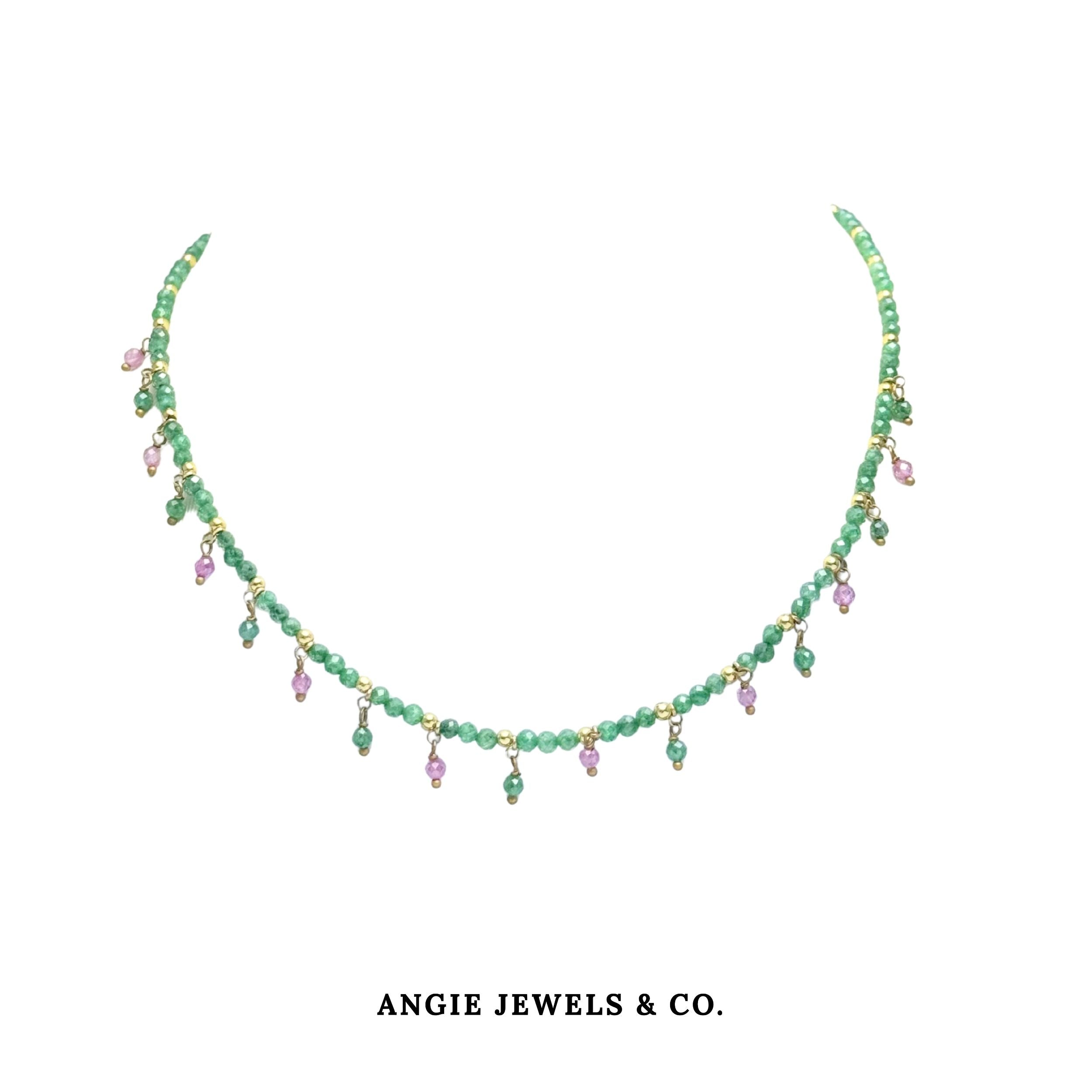 Cleopatra Petite Corto Dangle Necklace with Green and Pink Zircon S925 428