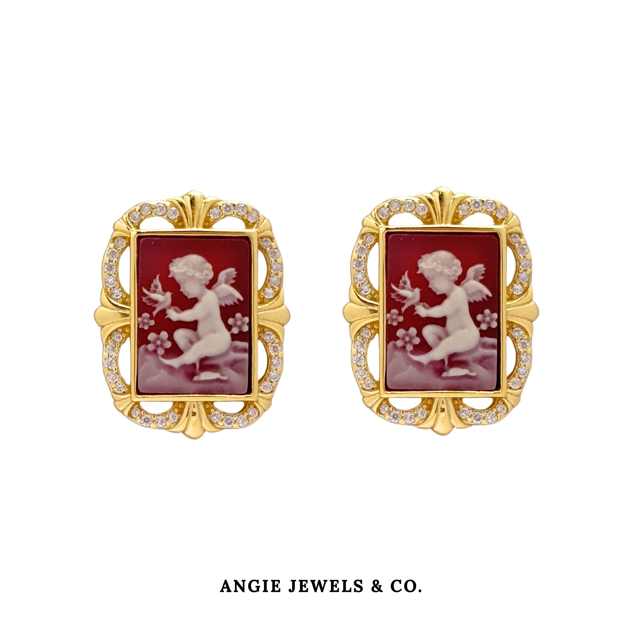 Cupid Cameo Earring Stud in S925 Silver - Red Rectangle