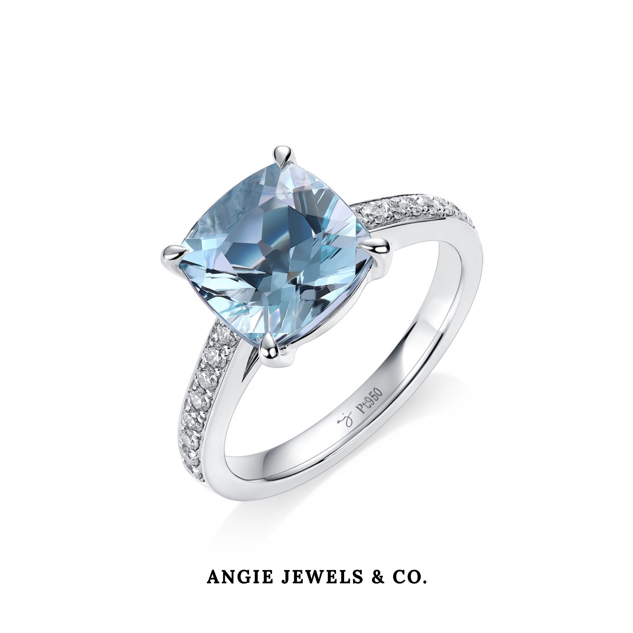 Cushion Cut Aquamarine with Pave Diamond Ring in 14K White Gold