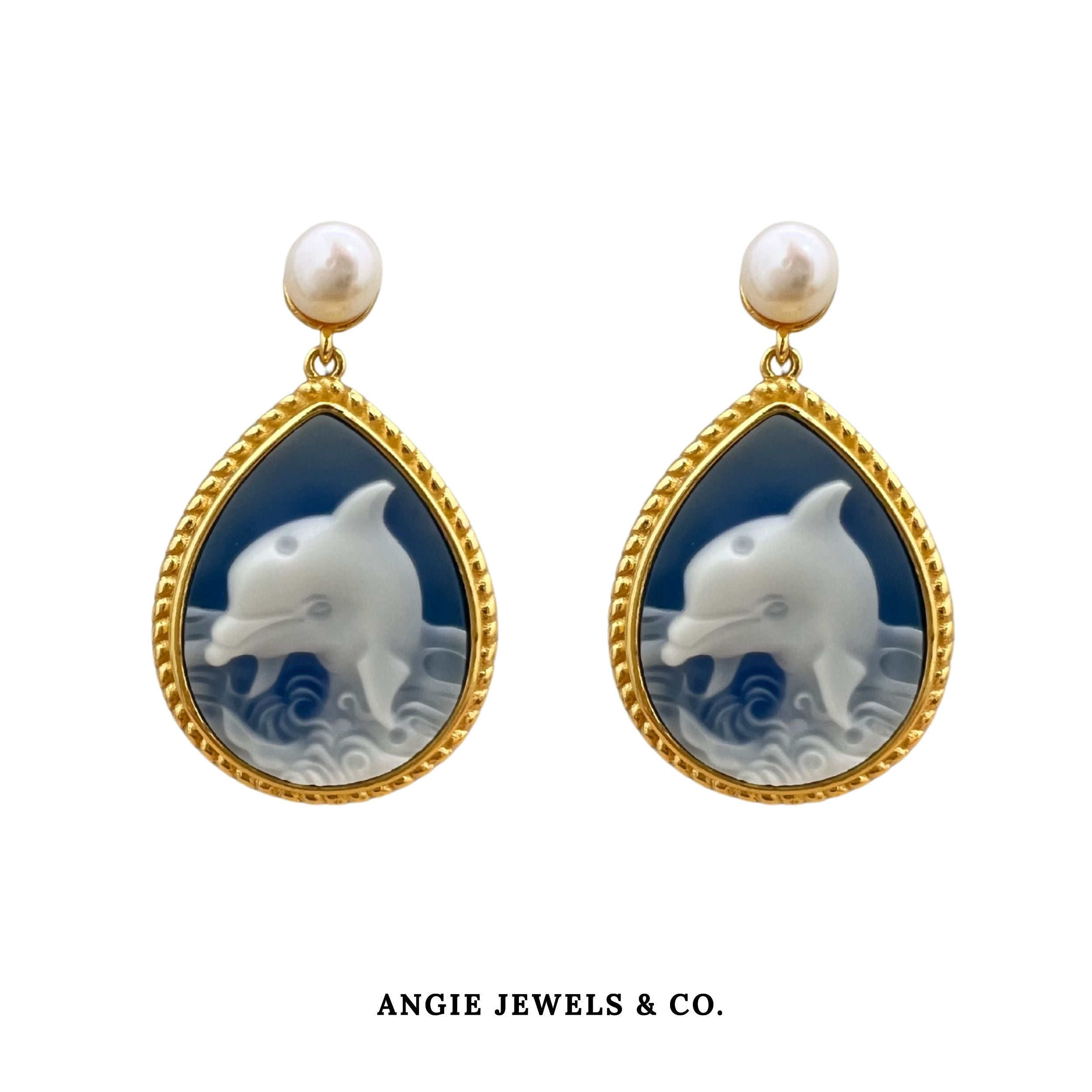 Dolphin Cameo Earring Studs in S925 Silver Blue Teardrop - RM385