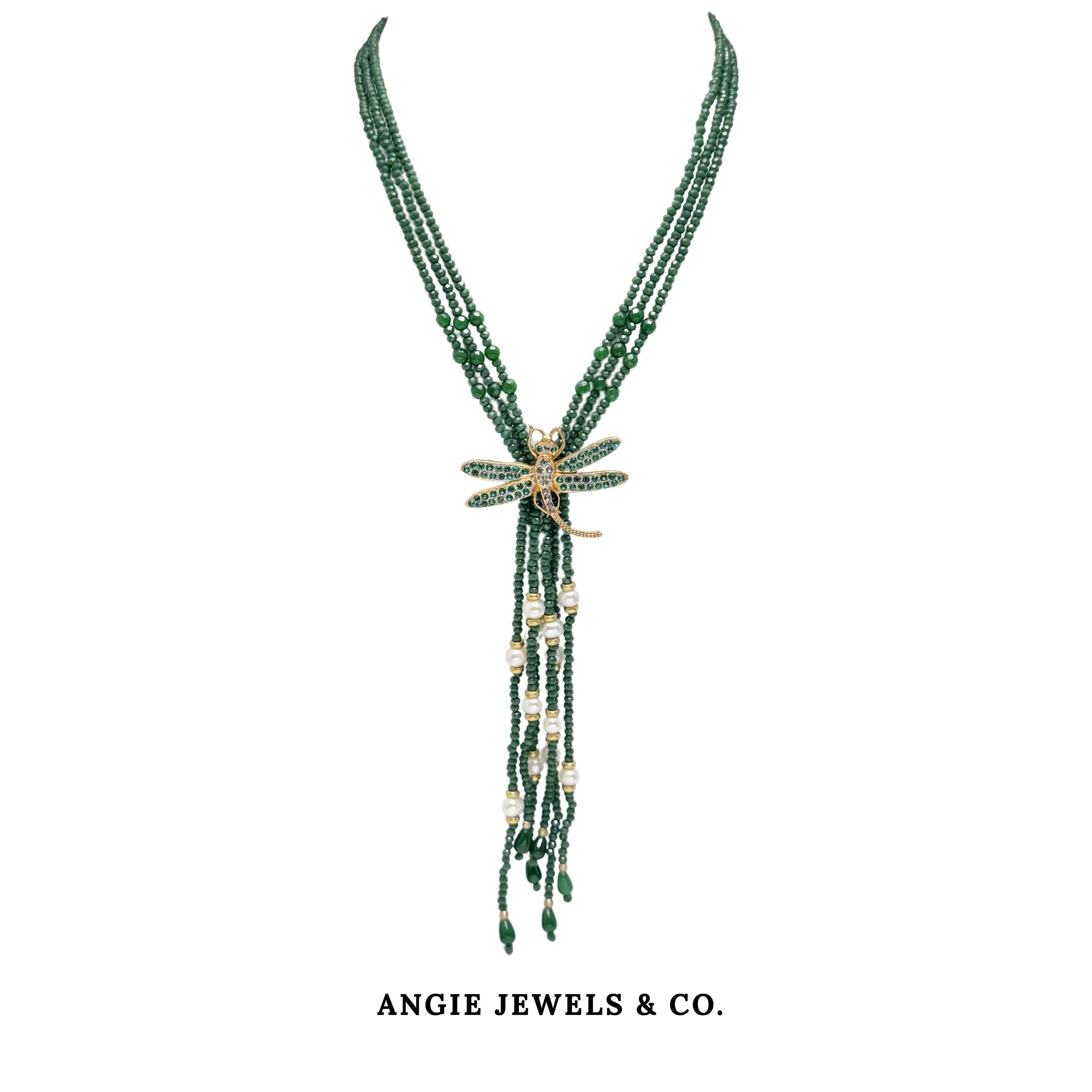 Dragonfly Hyoid Green Agate Necklace with Freshwater Pearl