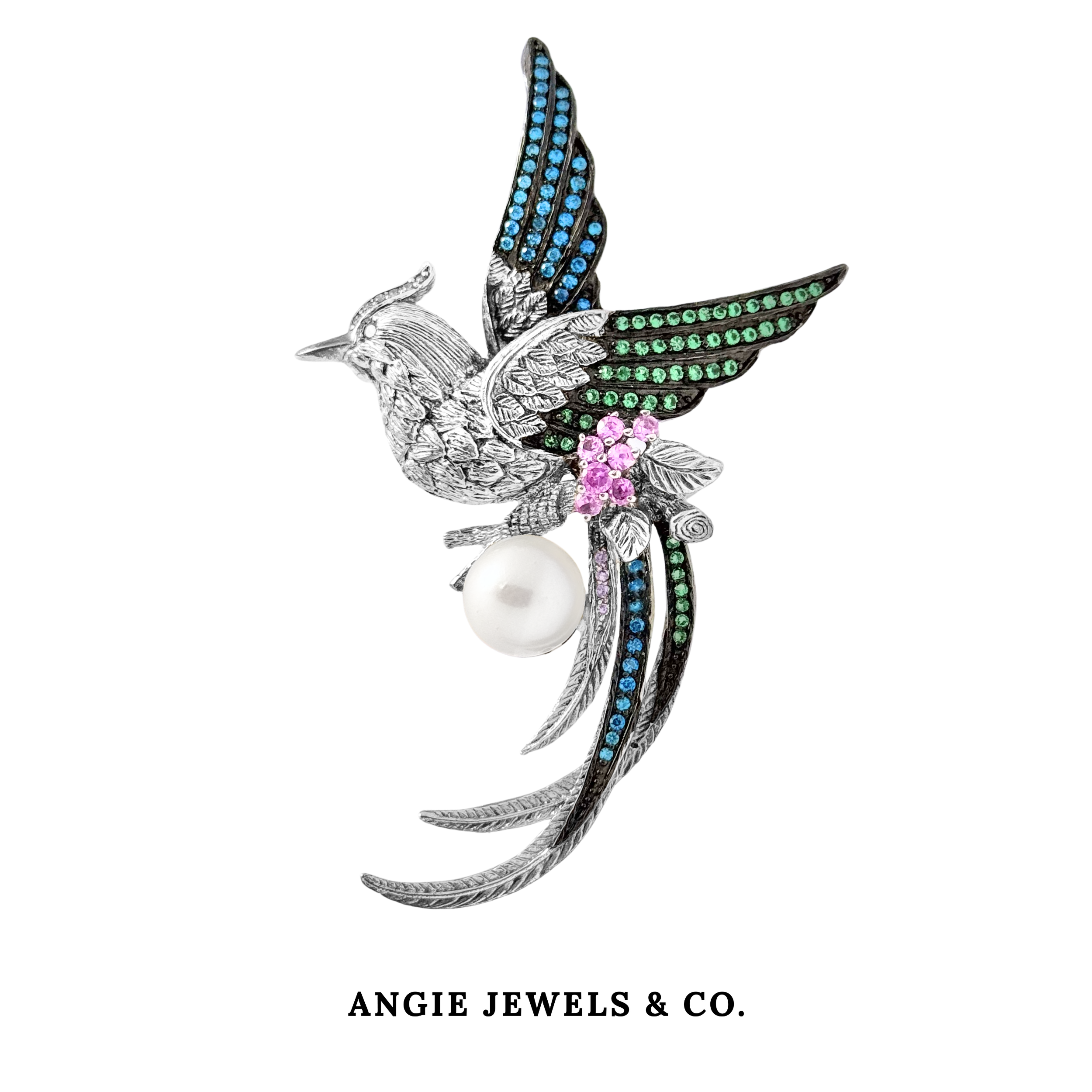 Silver Colourful Bird Freshwater Pearl Brooch