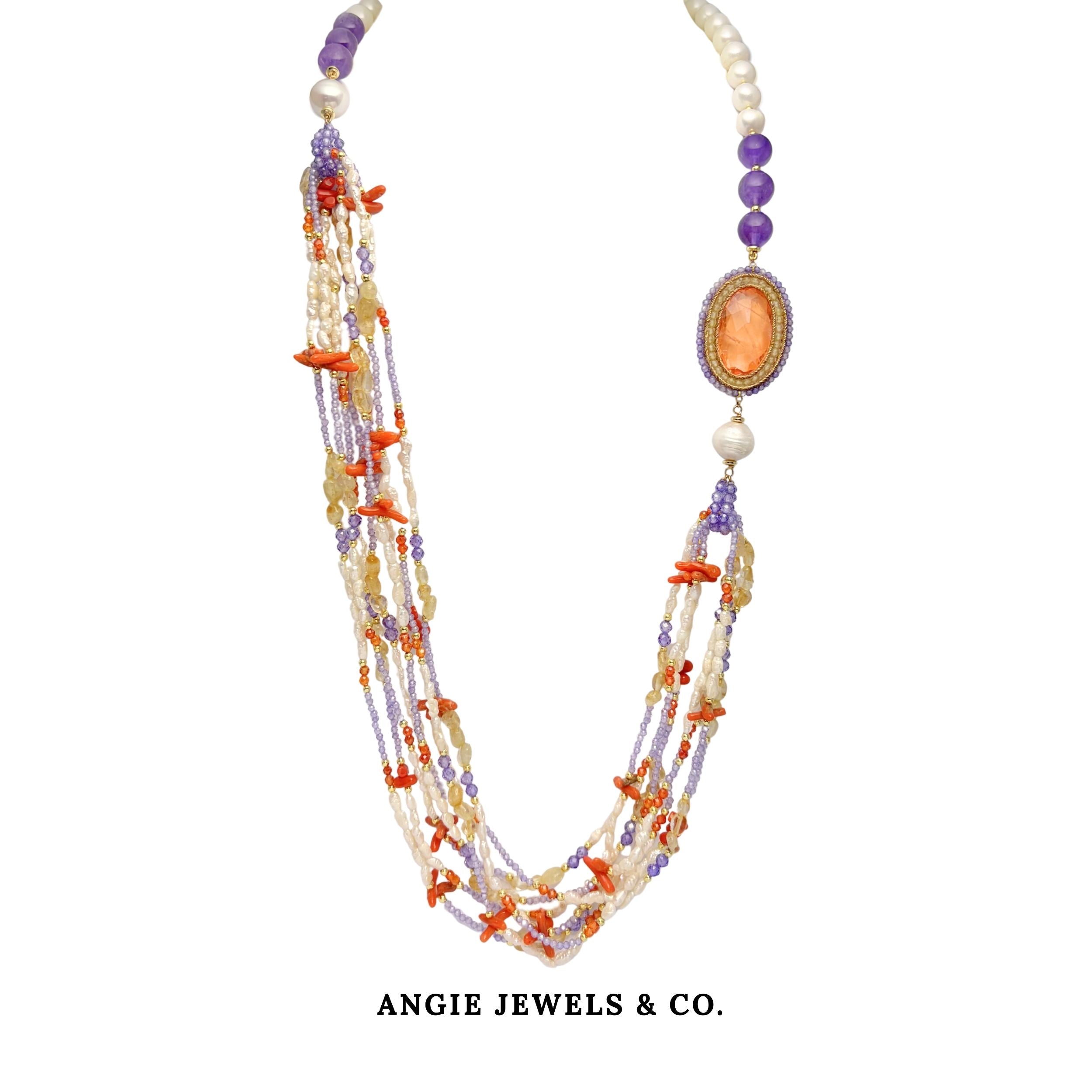 Enchanted Cascade Necklace with Amethyst Freshwater Pearl Coral Citrine Zircon in S925 Silver 2008