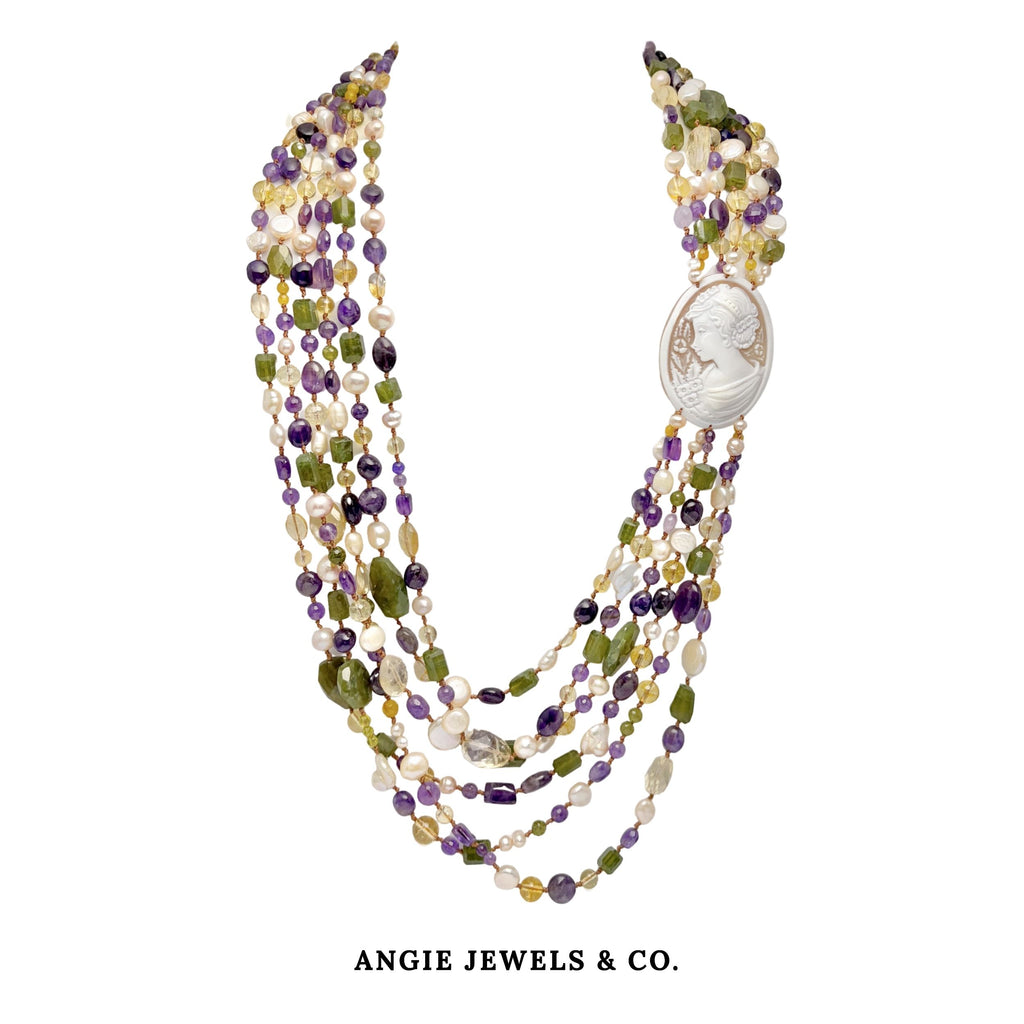 Enchanted Forest Cascade Necklace with cameo, peridot, citrine, amethyst, pearl
