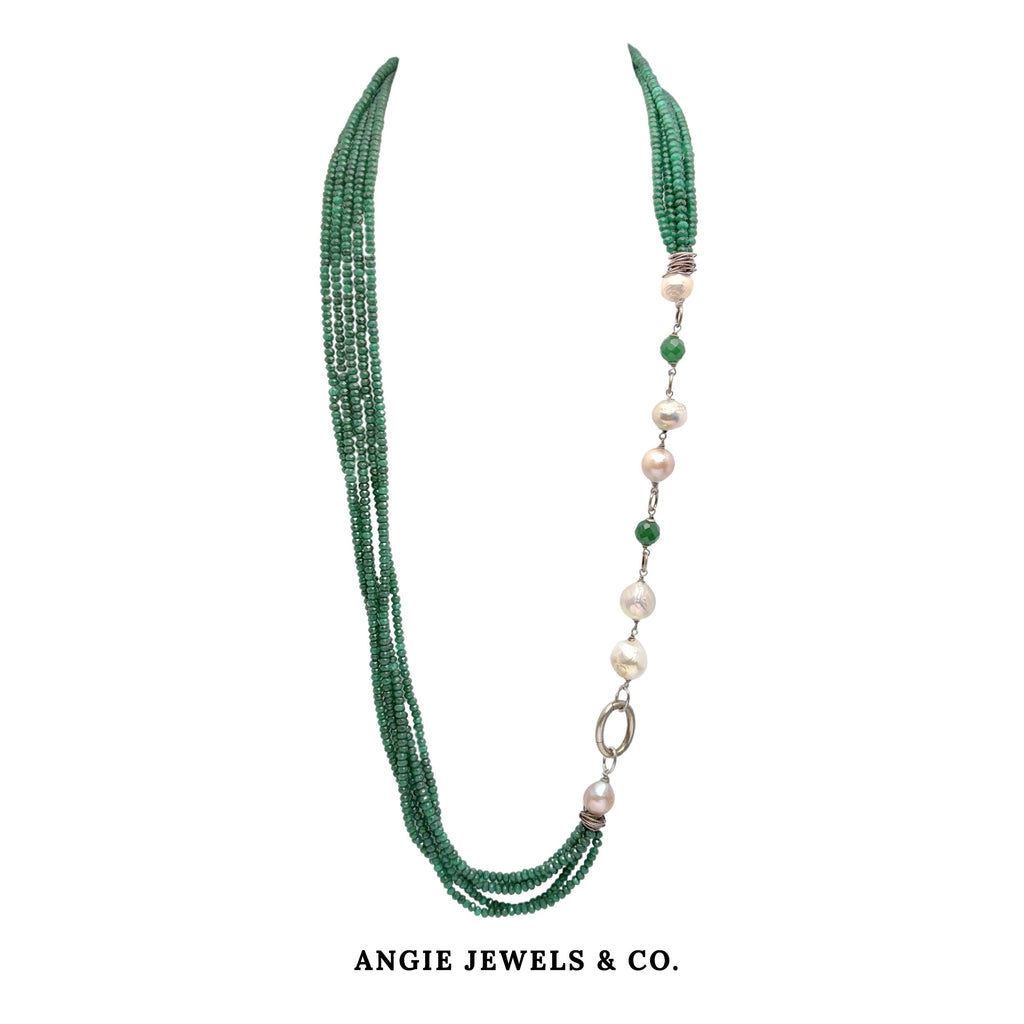 Green Agate Long Necklace with Freshwater Pearls