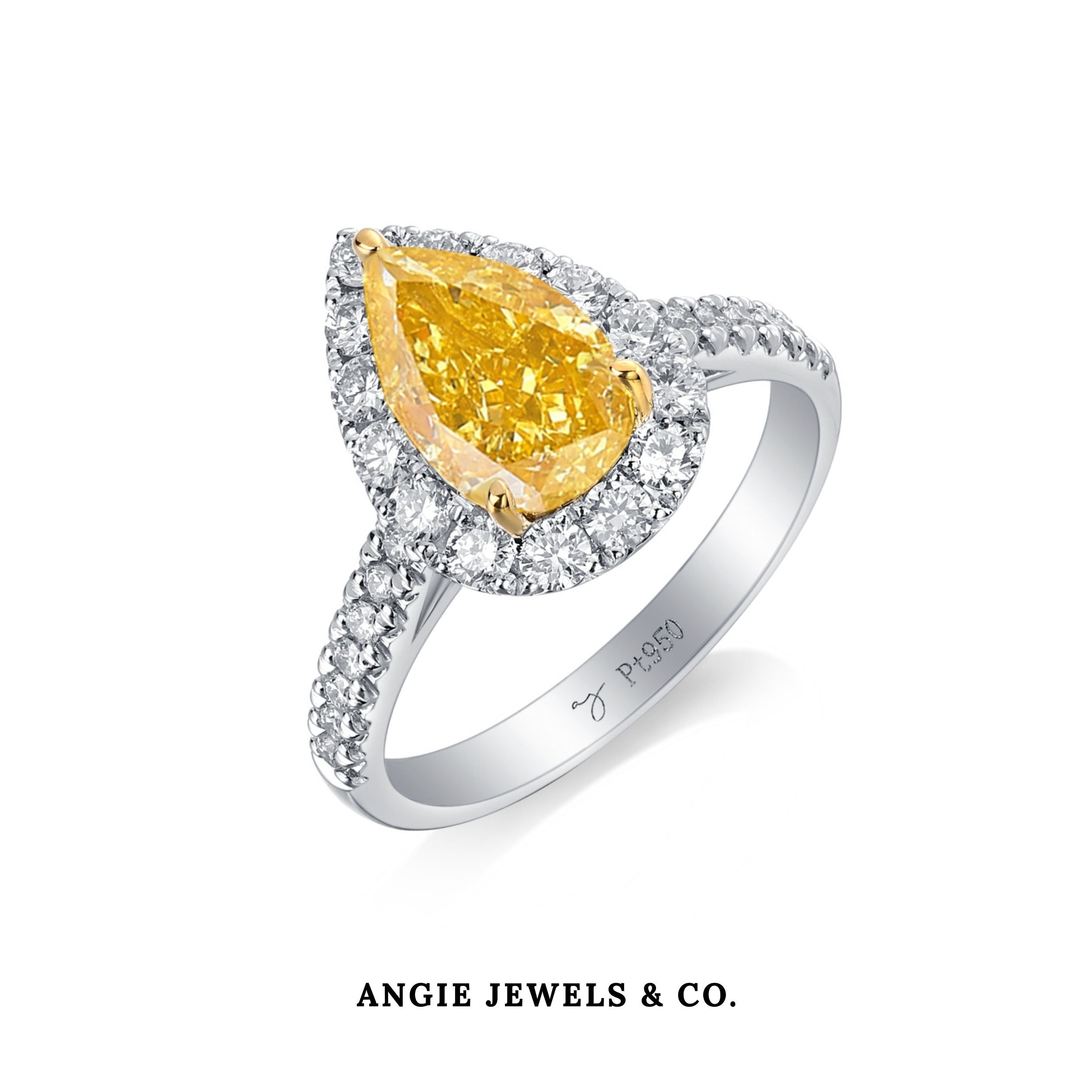 Halo Pave Pear Shape Yellow Diamond Ring in Platinum