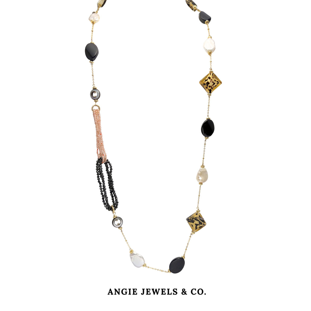Leviette Bella Endless Necklace with Italian Murano Glass,Baroque Freshwater Button Pearls,Black Onyx and Zircon