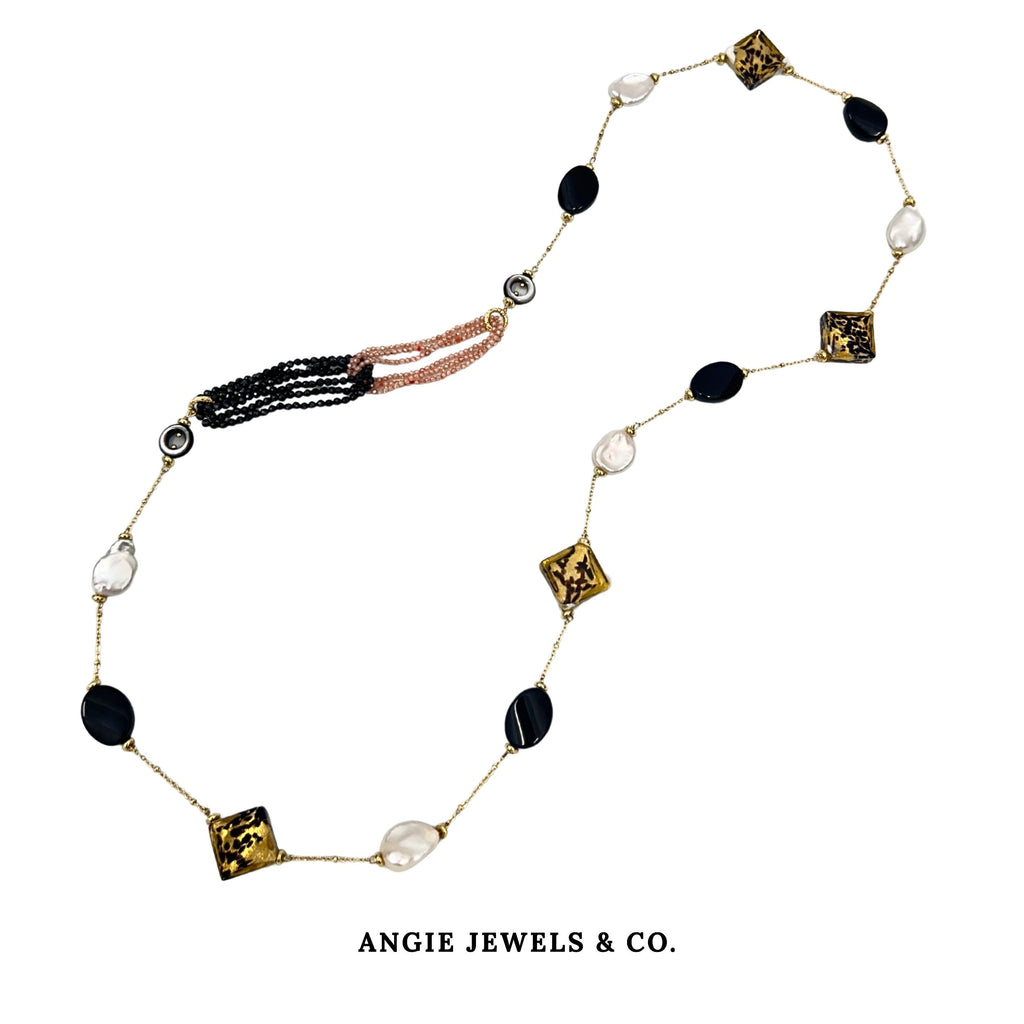 Leviette Bella Endless Necklace with Italian Murano Glass,Baroque Freshwater Button Pearls,Black Onyx and Zircon