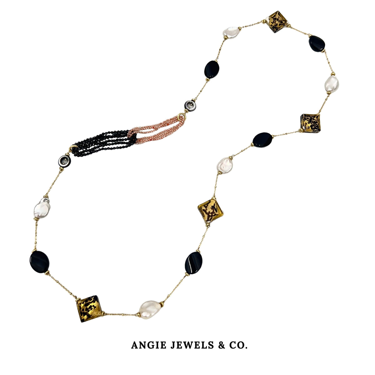 Leviette Bella Endless Necklace with Italian Murano Glass,Baroque Freshwater Button Pearls,Black Onyx and Zircon