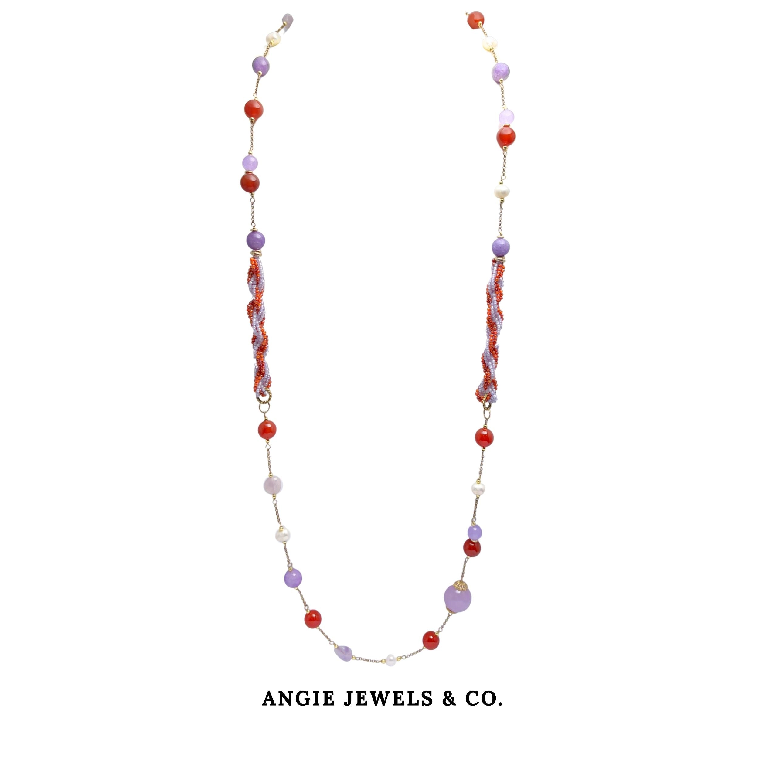 Leviette Lungo Necklace with Amethyst, Red Agate, Freshwater Pearls and Zircon in S925 Silver