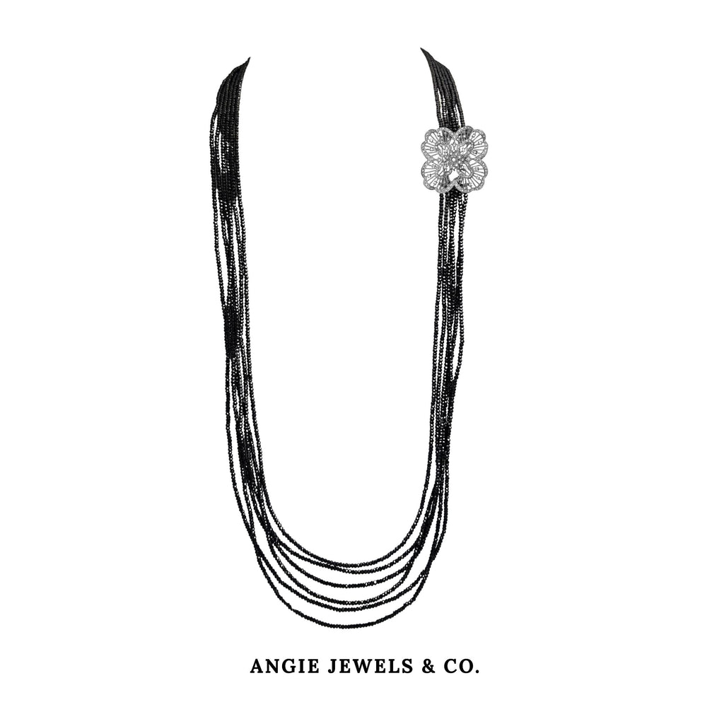 Abyss Cascade Black Spinel Necklace with S925 Sterling Silver Clover Crest