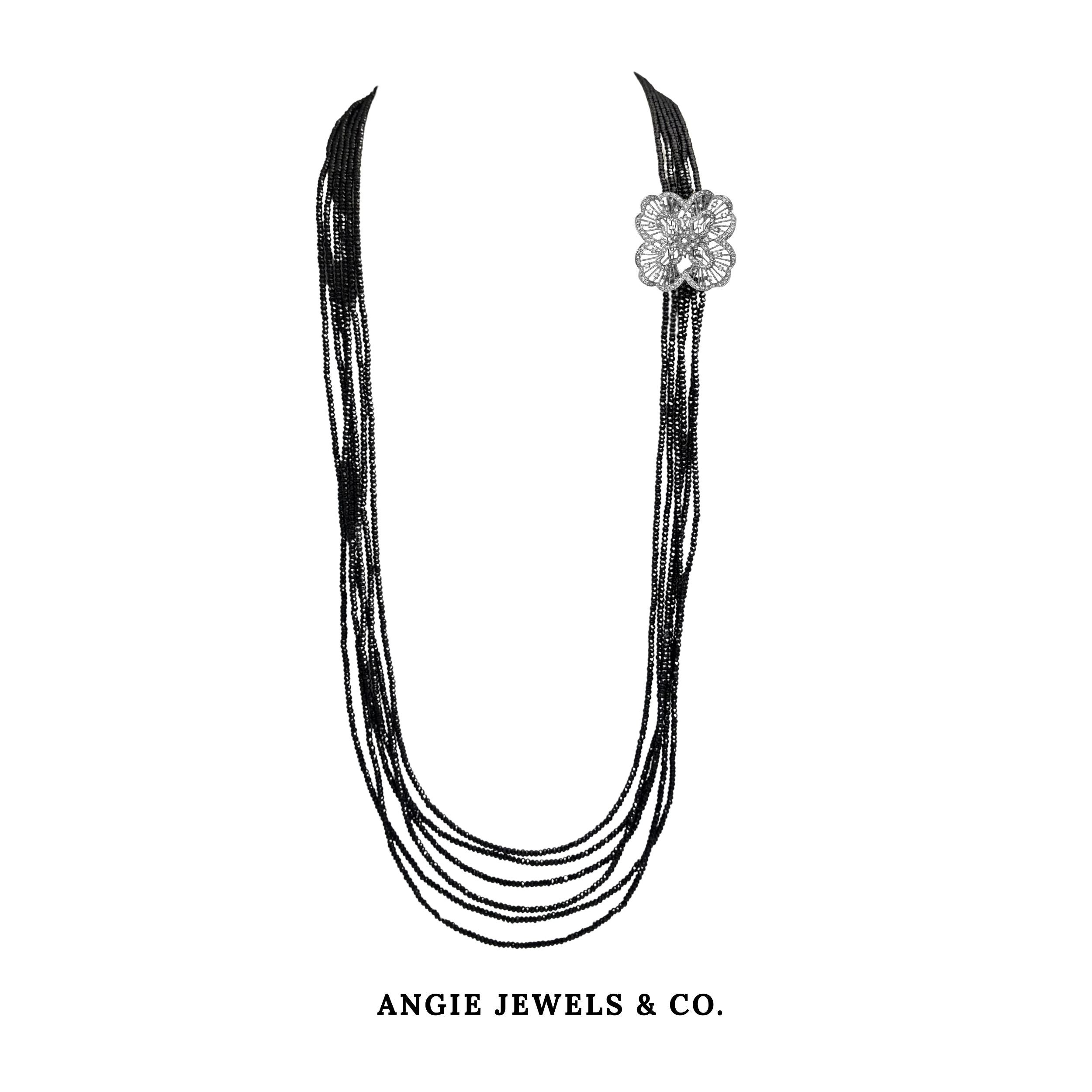 Abyss Cascade Black Spinel Necklace with S925 Sterling Silver Clover Crest