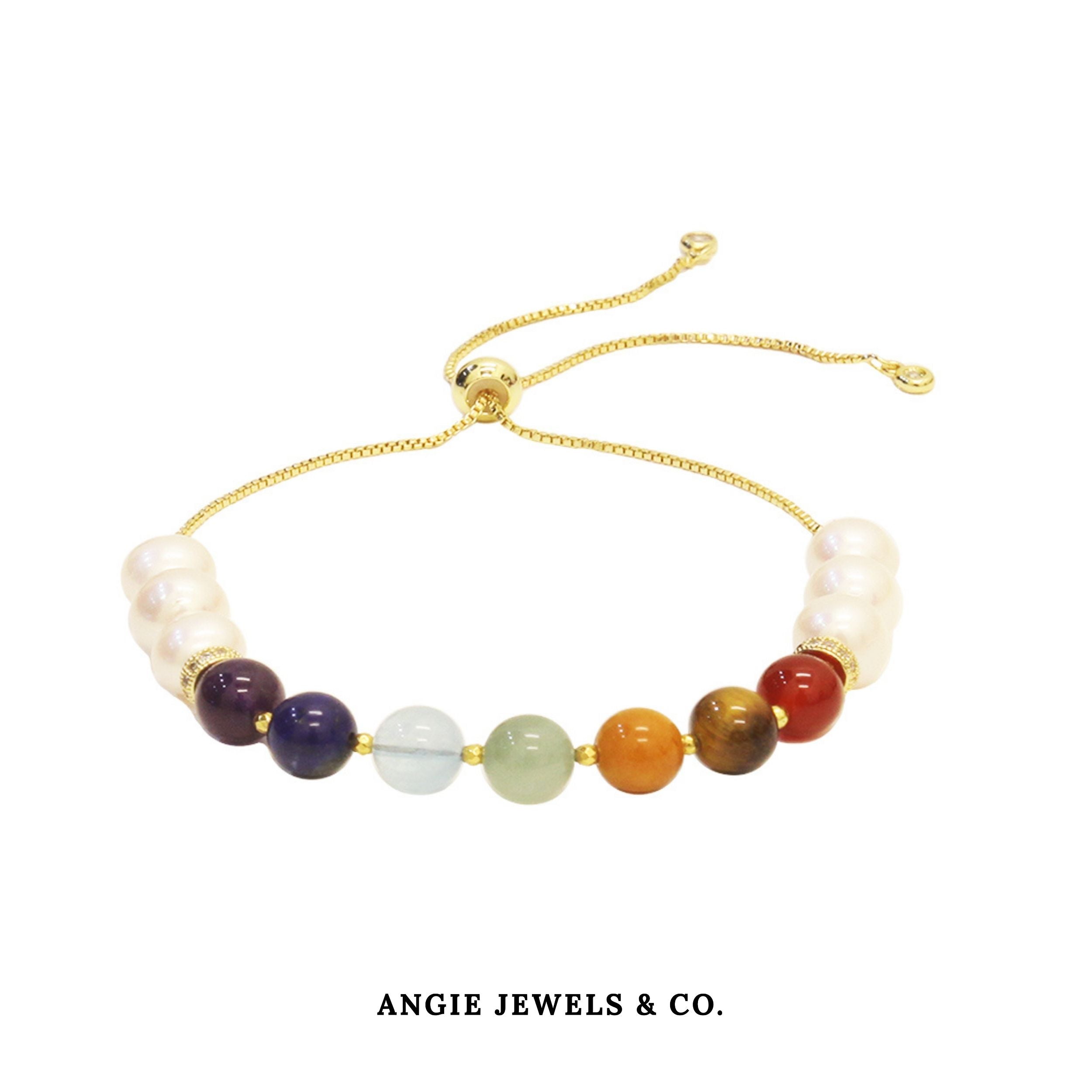 Luna 7 Chakras and Freshwater Pearl Golden Adjustable Bracelet