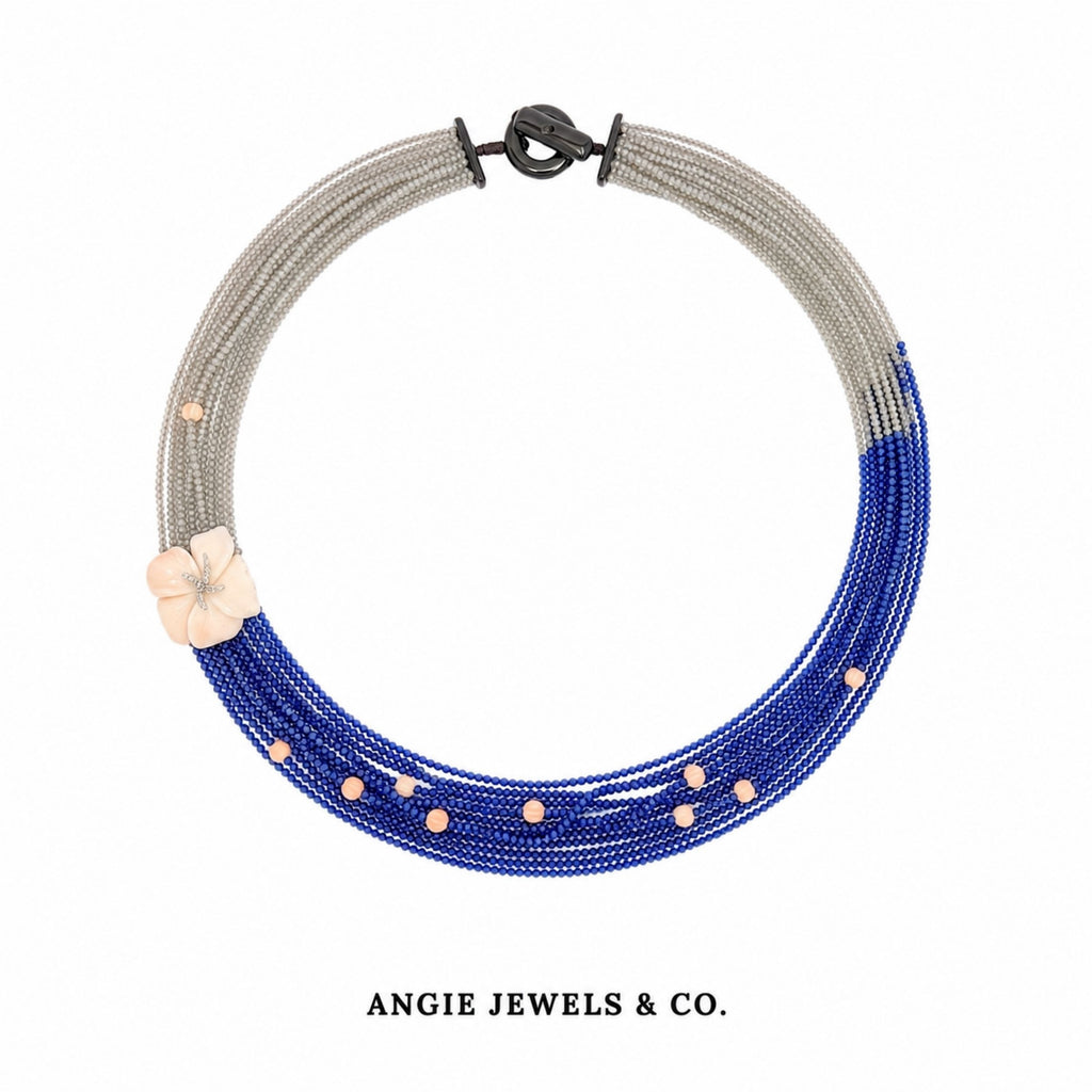 Moana Strata Blue Jade Labradorite Coral in Diamond and White Gold