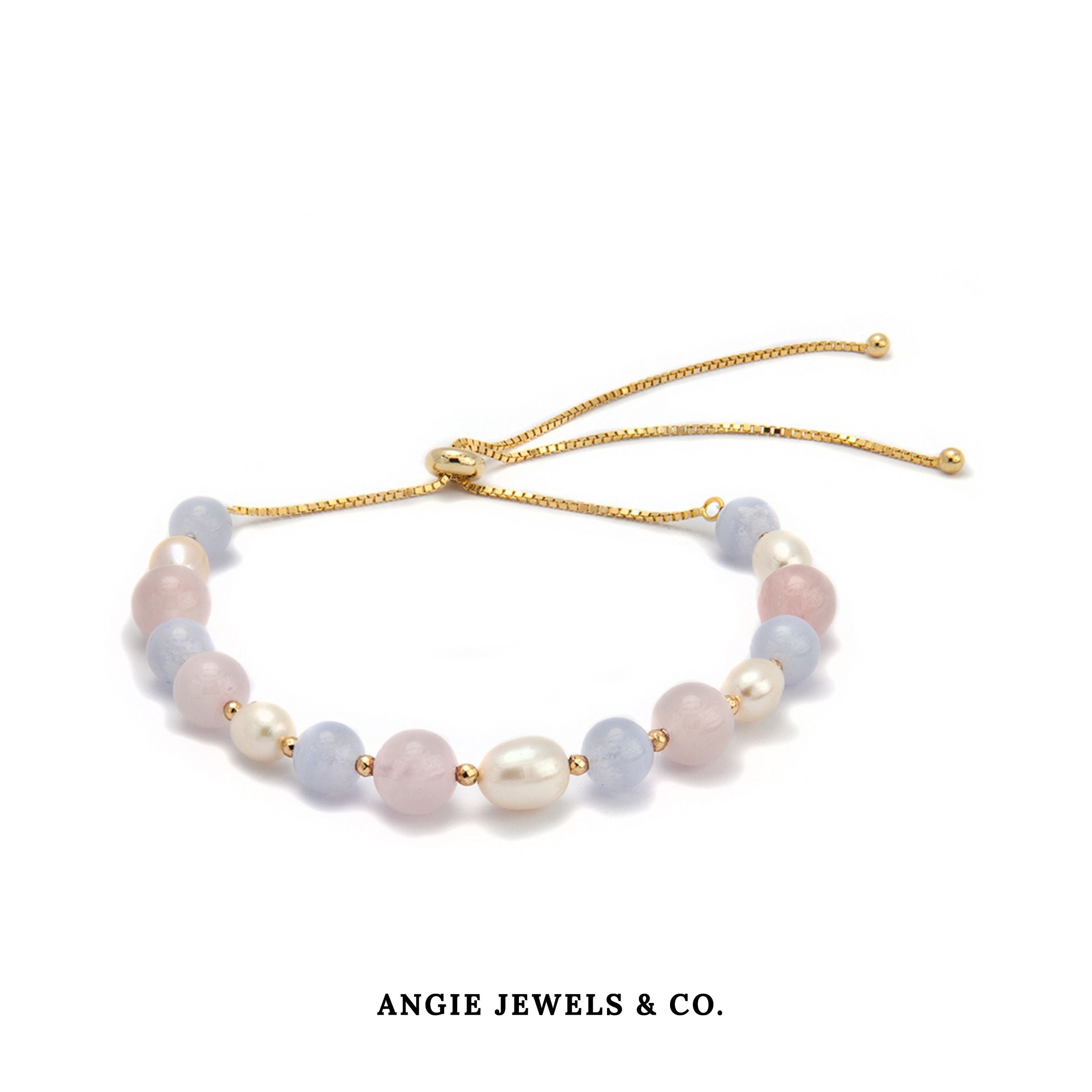 Morganite and Blue Lace Agate Gold Adjustable Bracelet