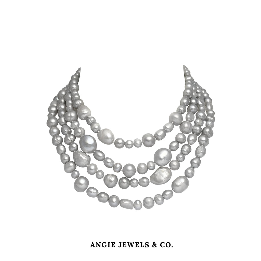 Strata 4 Layer Grey Baroque Freshwater Pearl Necklace