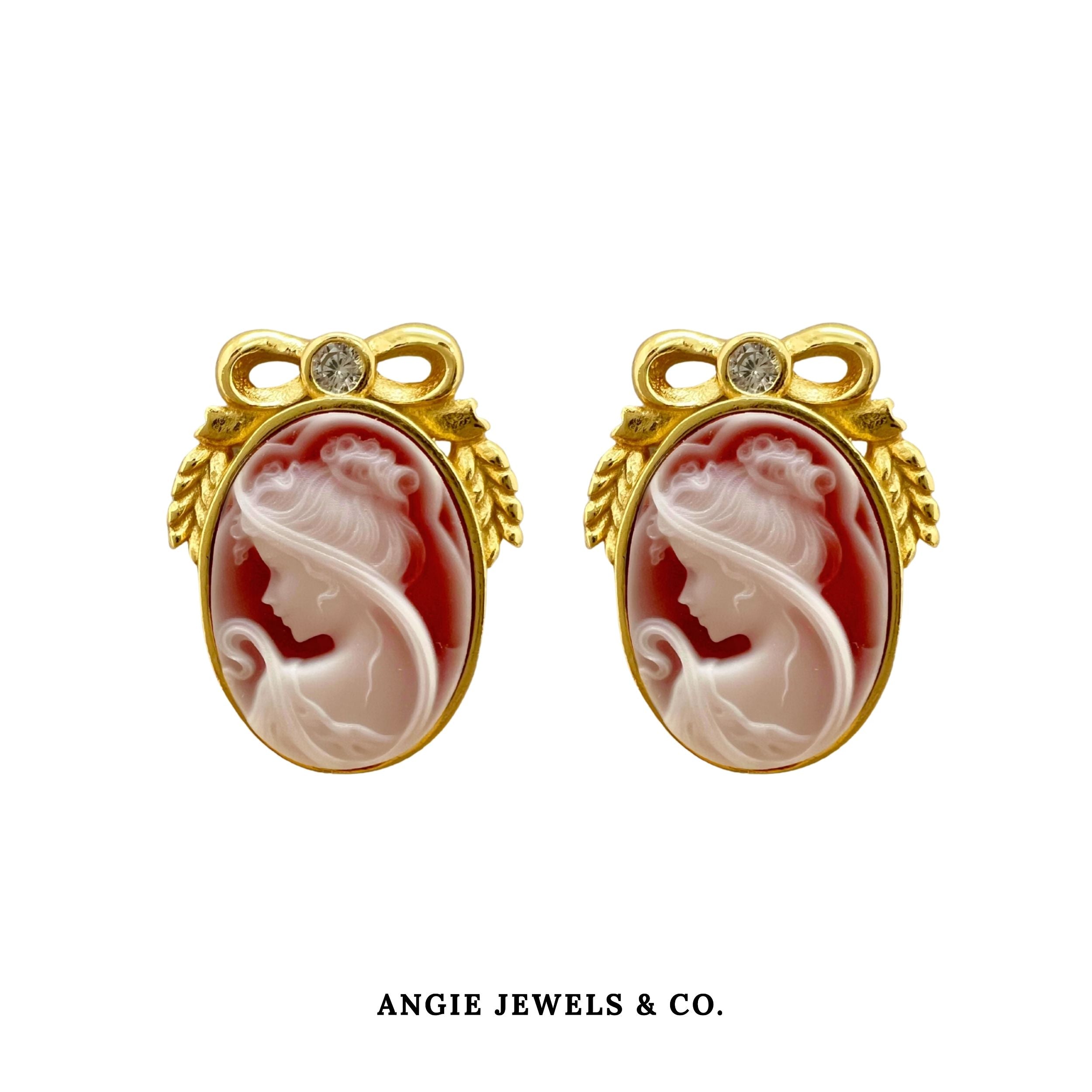 Nicolette Ribbon Cameo Earring Stud in S925 Silver Red RM318