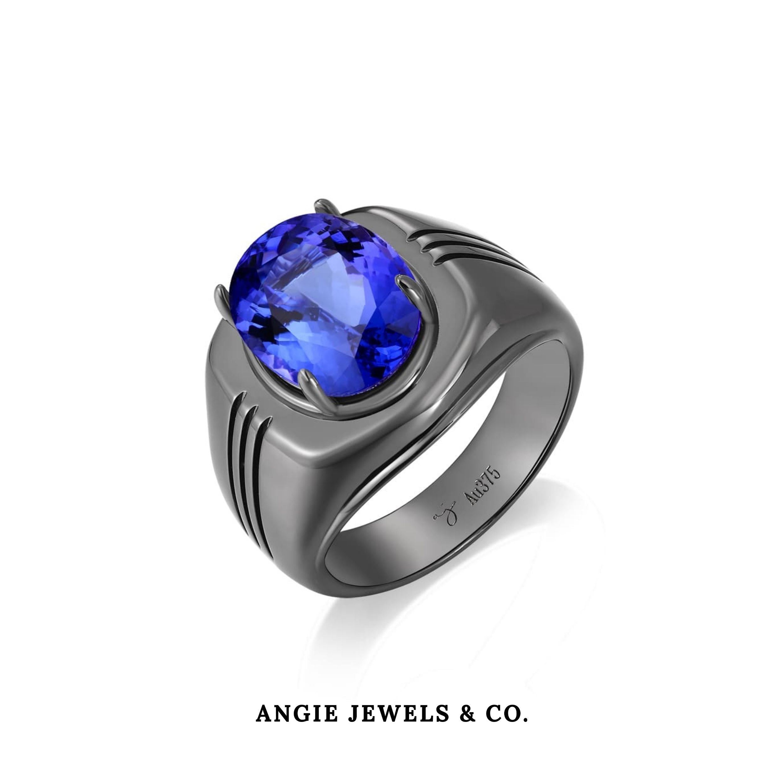 Oval Shape Blue Sapphire in Black Gold Ring