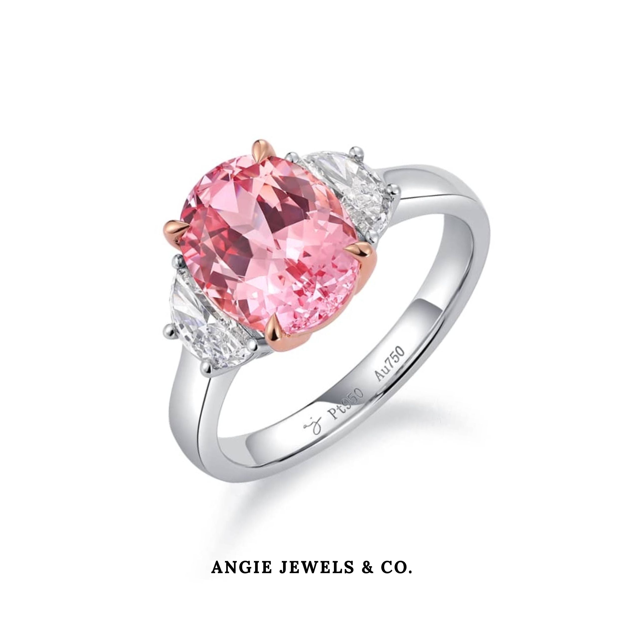 Platinum Oval Shape Paparascha with Half Moon Diamond Ring