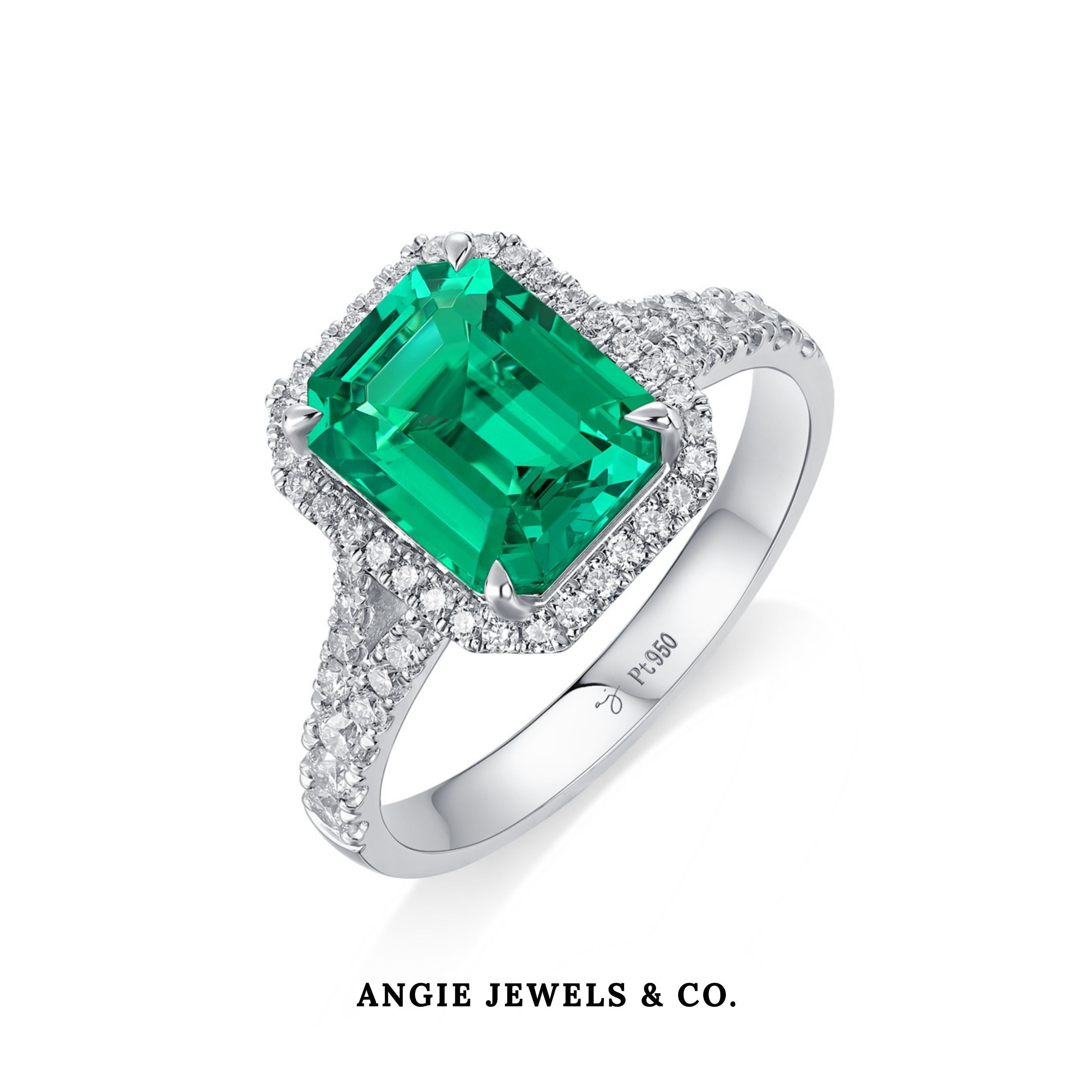 Platinum Halo Y Pave Emerald with Diamond Ring
