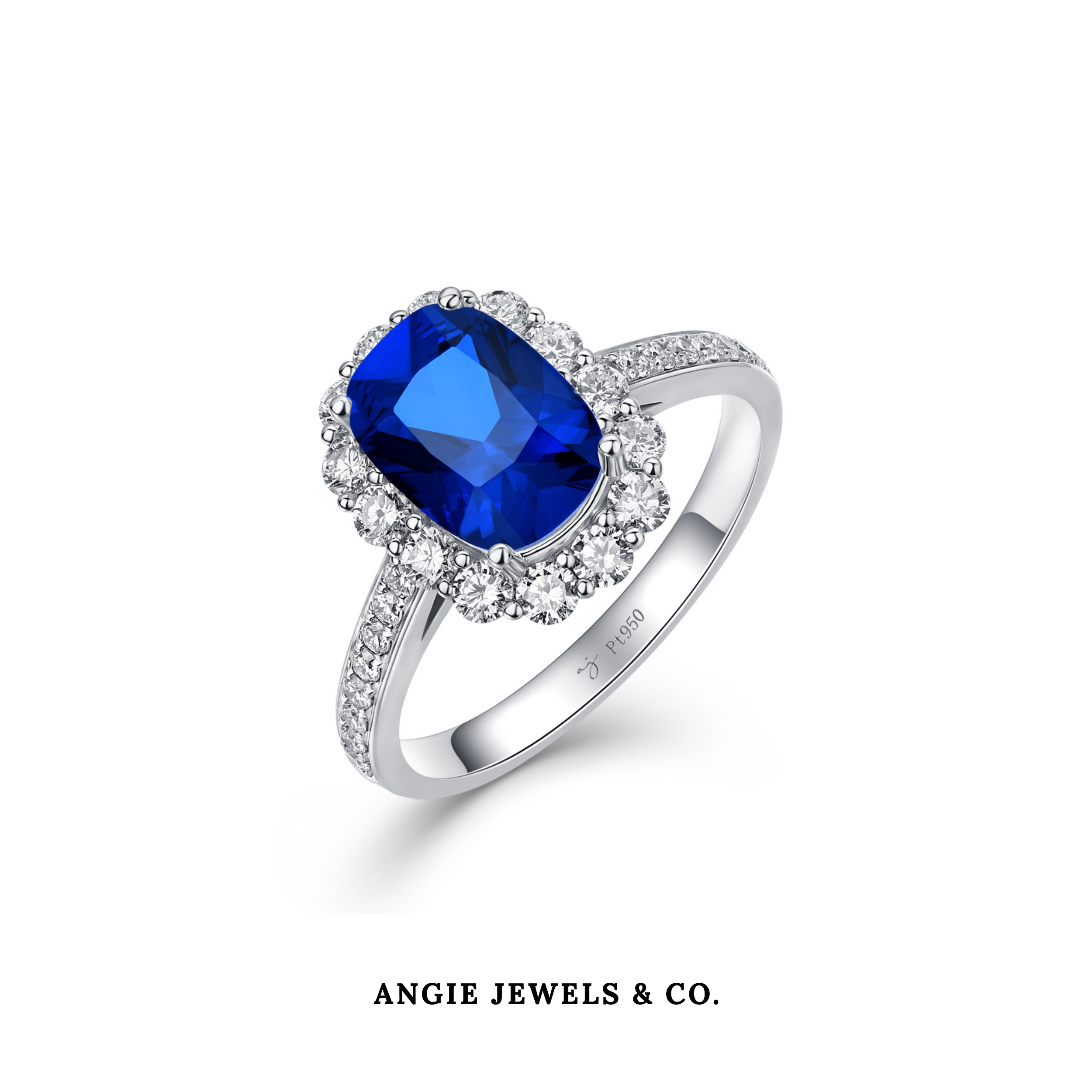 Platinum Halo Pave Blue Sapphire With Diamond Ring